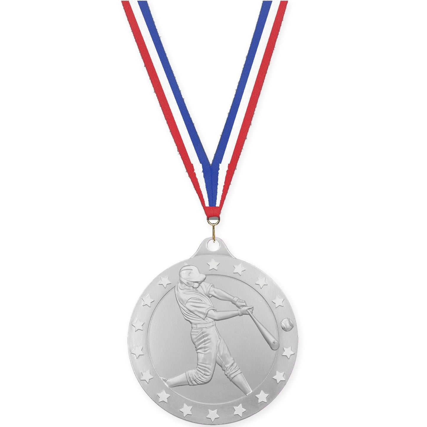 2 3/4 inch baseball Radiance medal in silver with Red White Blue neck ribbon