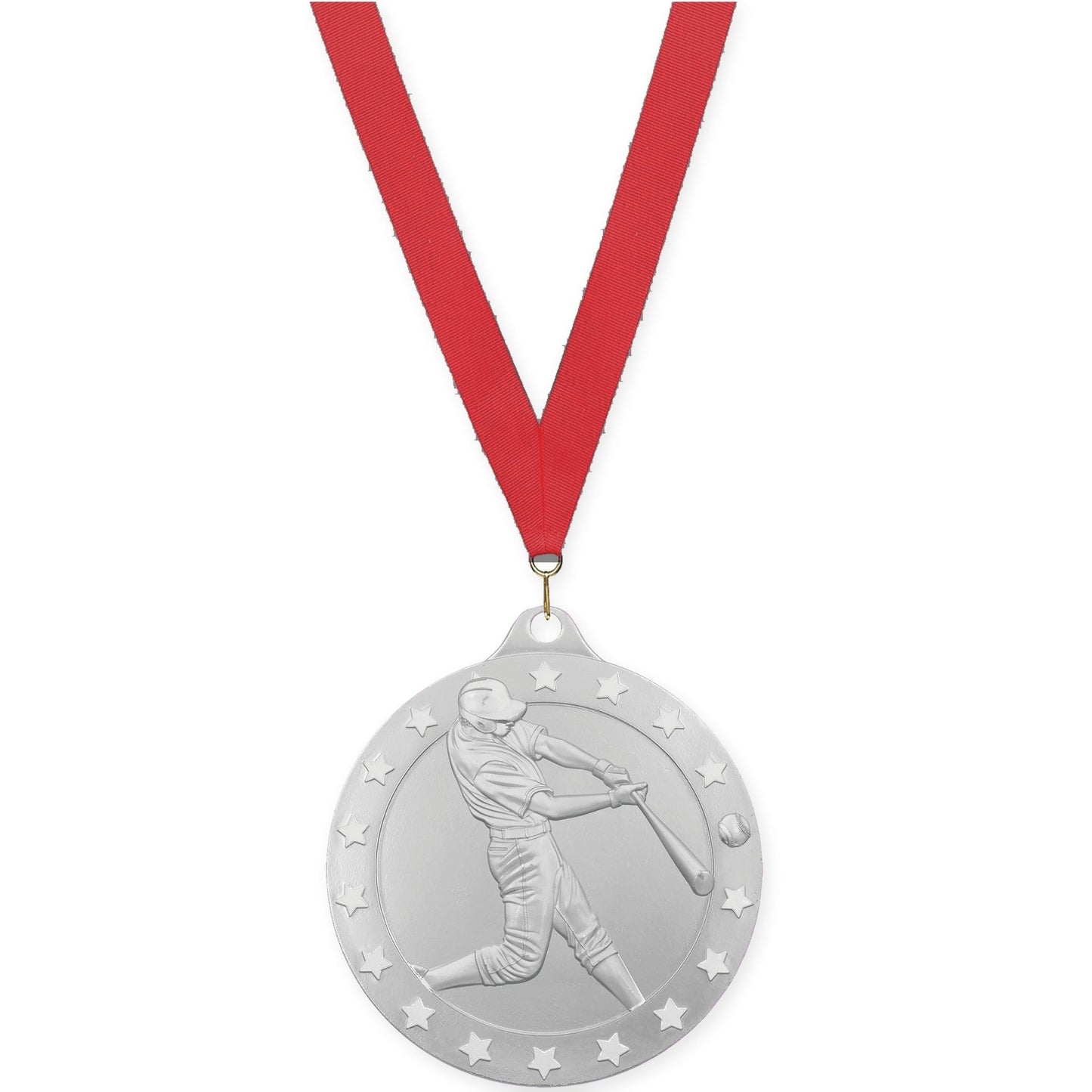 2 3/4 inch baseball Radiance medal in silver with Red neck ribbon