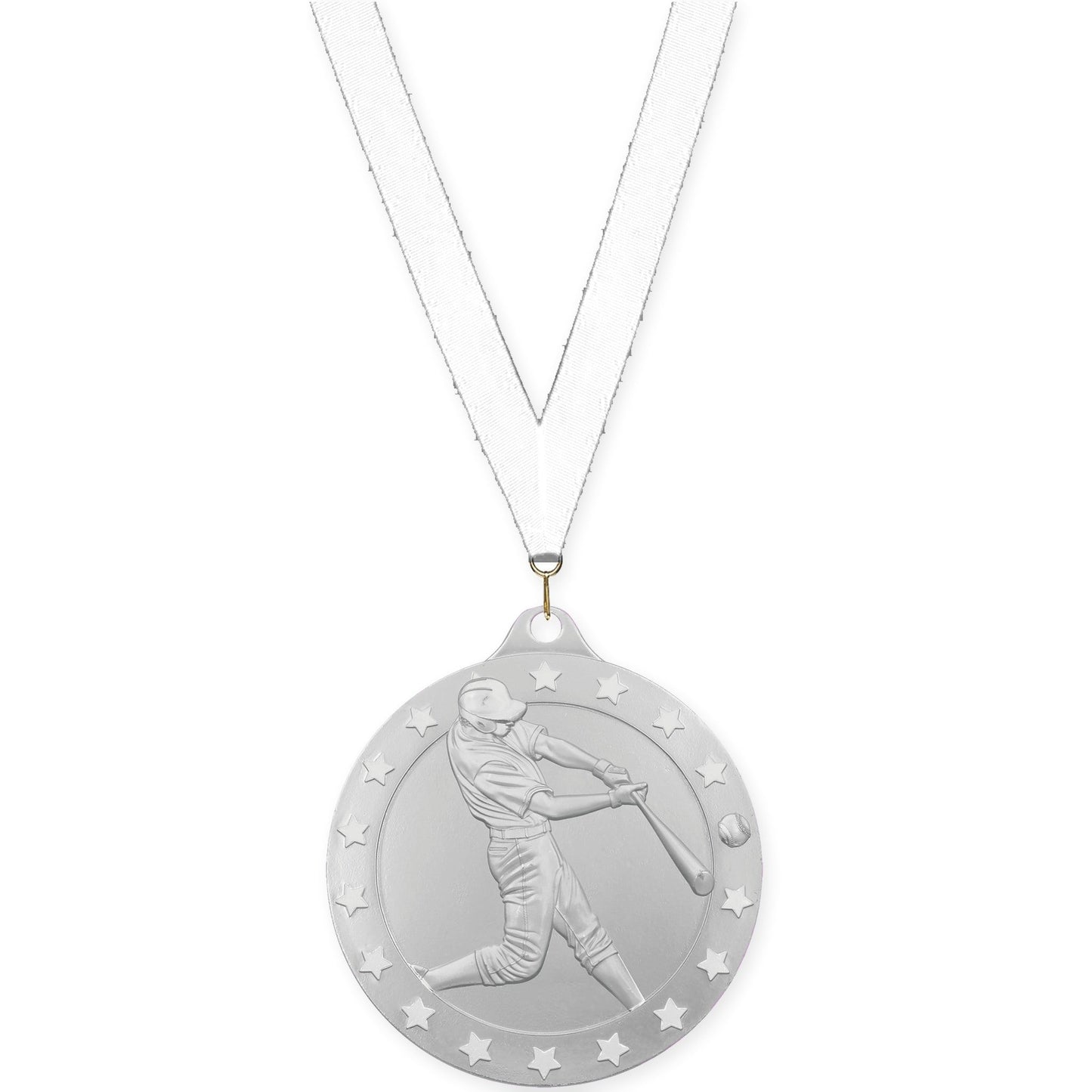 2 3/4 inch baseball Radiance medal in silver with White neck ribbon