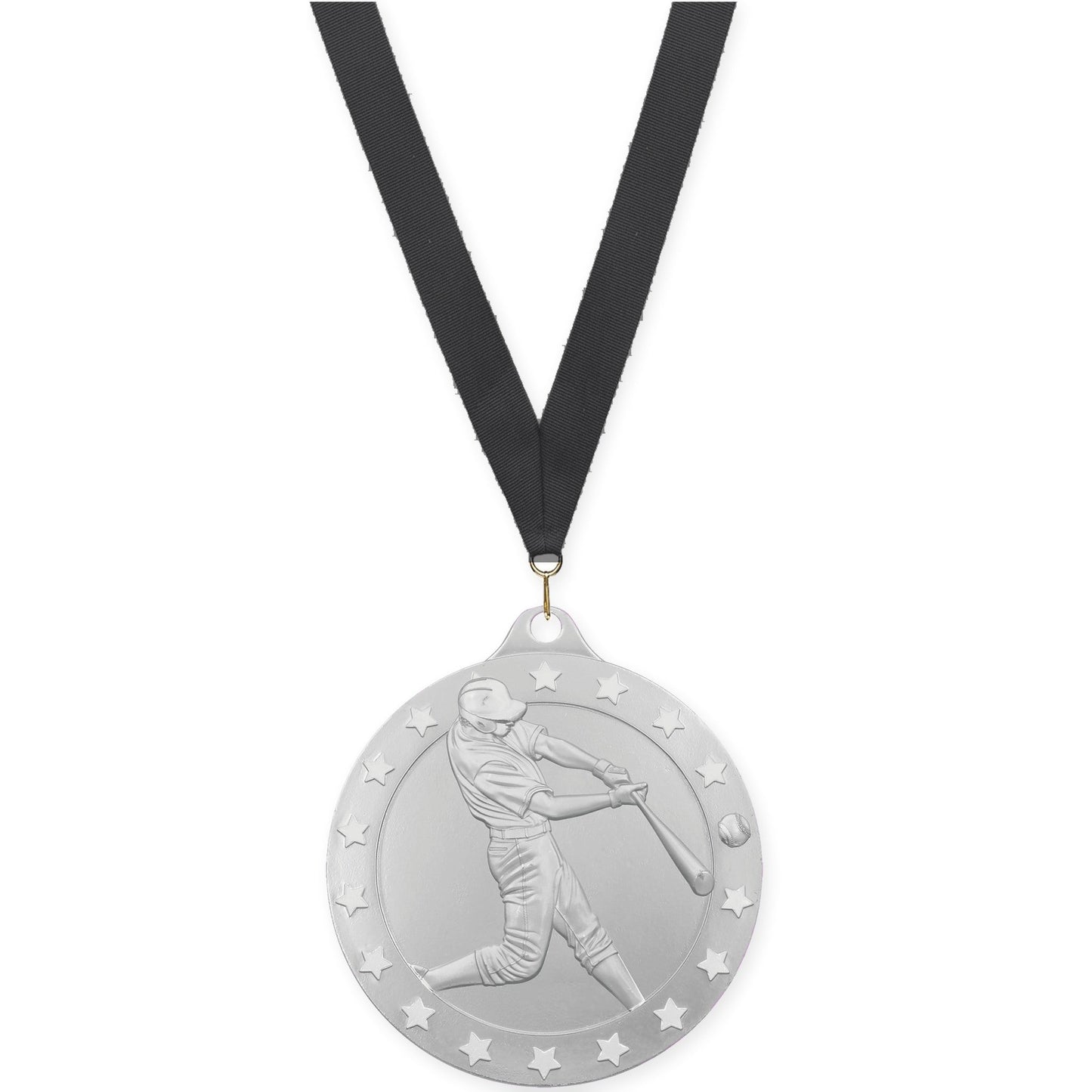 2 3/4 inch baseball Radiance medal in silver with Black neck ribbon