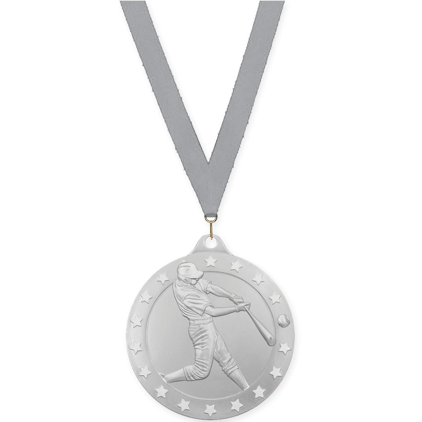 2 3/4 inch baseball Radiance medal in silver with Gray neck ribbon