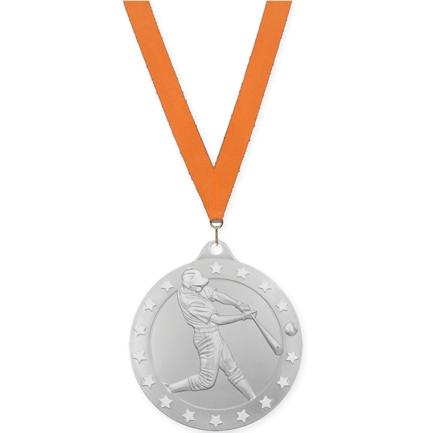 2 3/4 inch baseball Radiance medal in silver with Orange neck ribbon