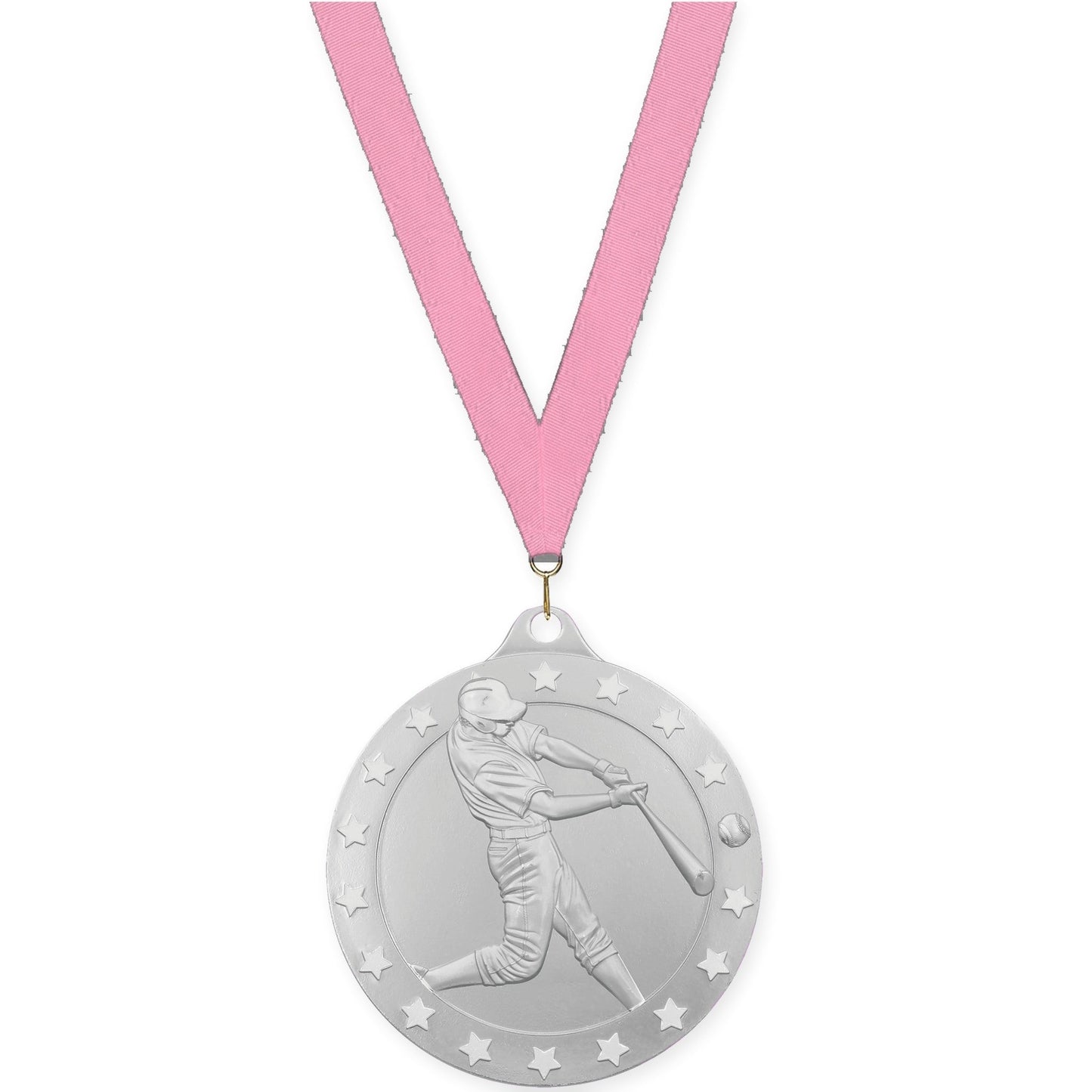 2 3/4 inch baseball Radiance medal in silver with Pink neck ribbon