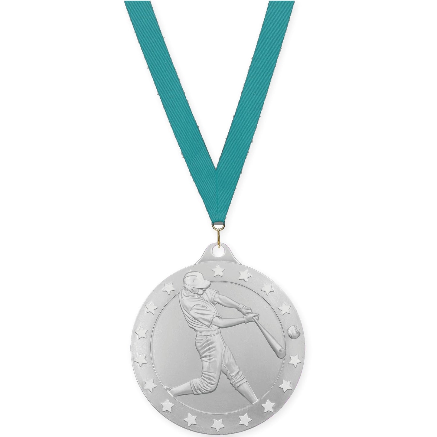 2 3/4 inch baseball Radiance medal in silver with Teal neck ribbon