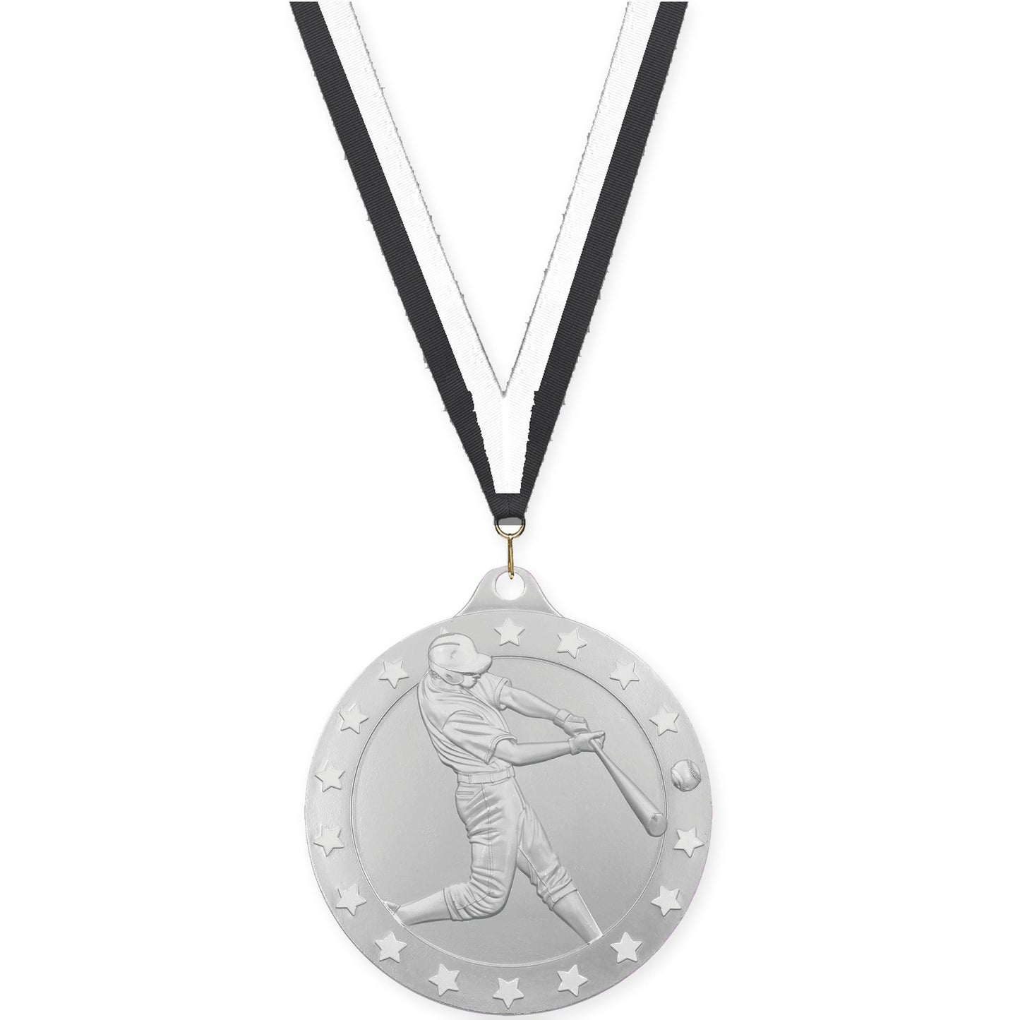 2 3/4 inch baseball Radiance medal in silver with Black White neck ribbon