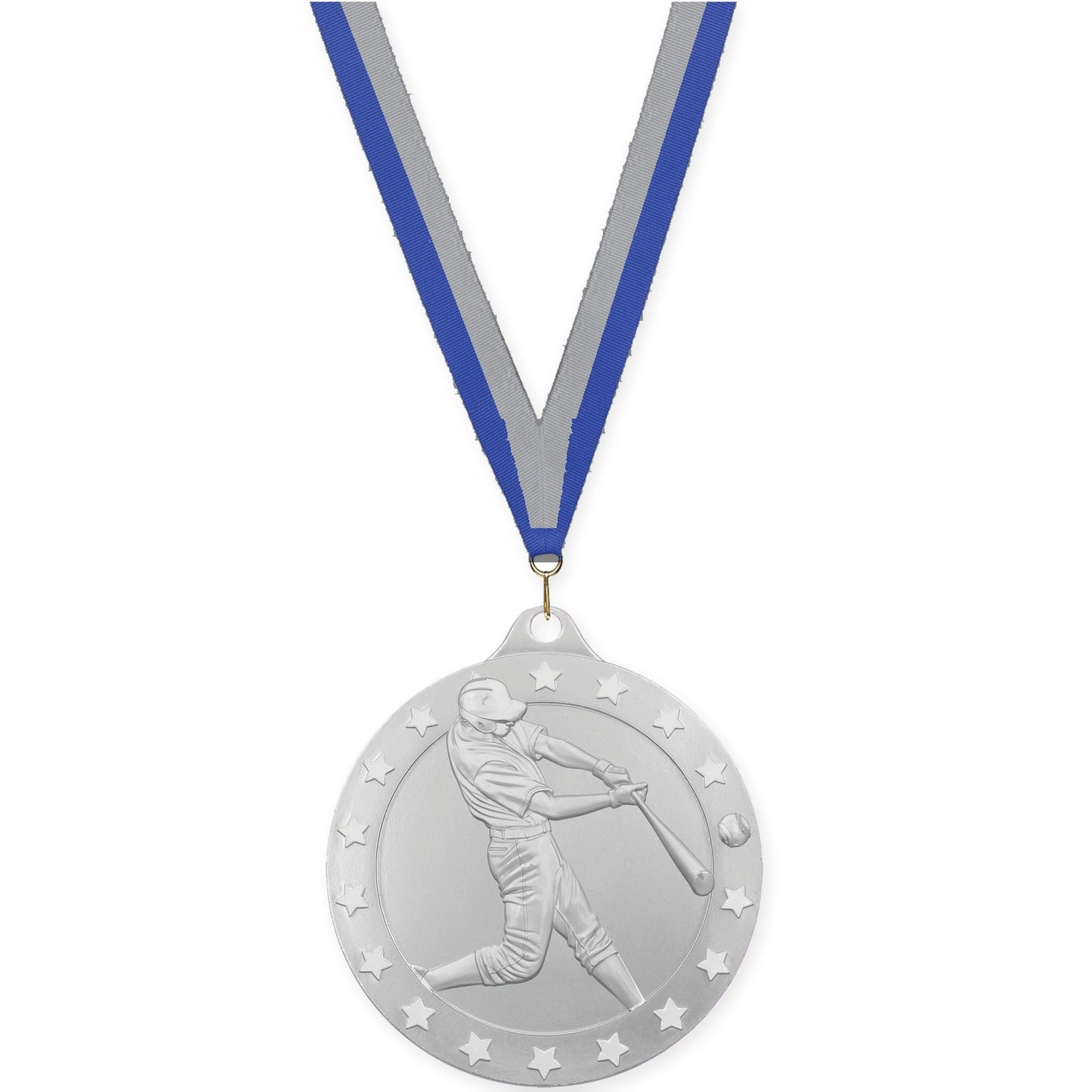 2 3/4 inch baseball Radiance medal in silver with Blue Gray neck ribbon