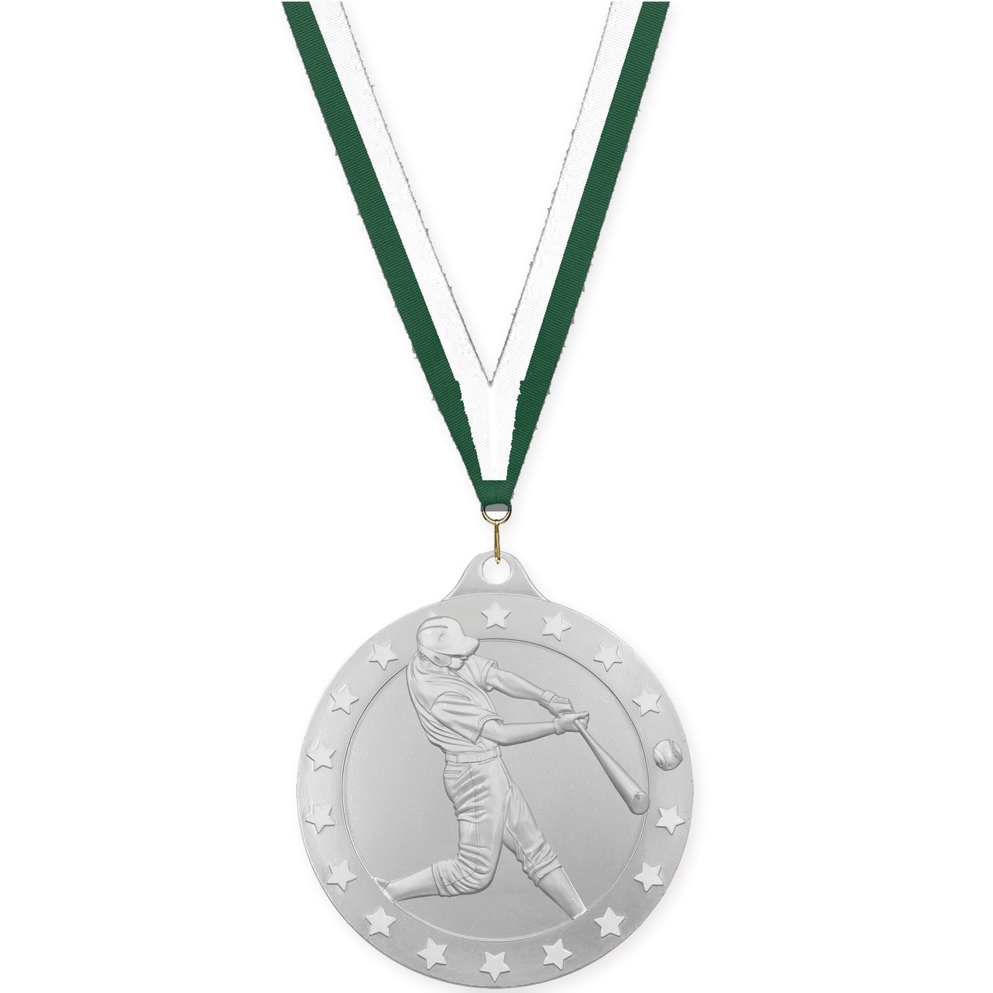 2 3/4 inch baseball Radiance medal in silver with Hunter Green White neck ribbon
