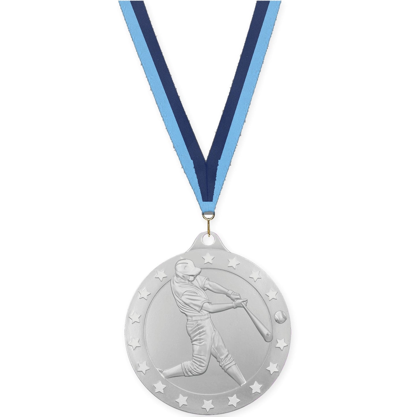 2 3/4 inch baseball Radiance medal in silver with Light Blue Navy neck ribbon