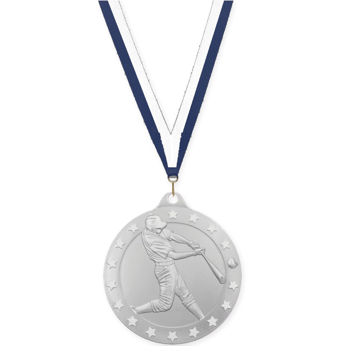 2 3/4 inch baseball Radiance medal in silver with Navy White neck ribbon