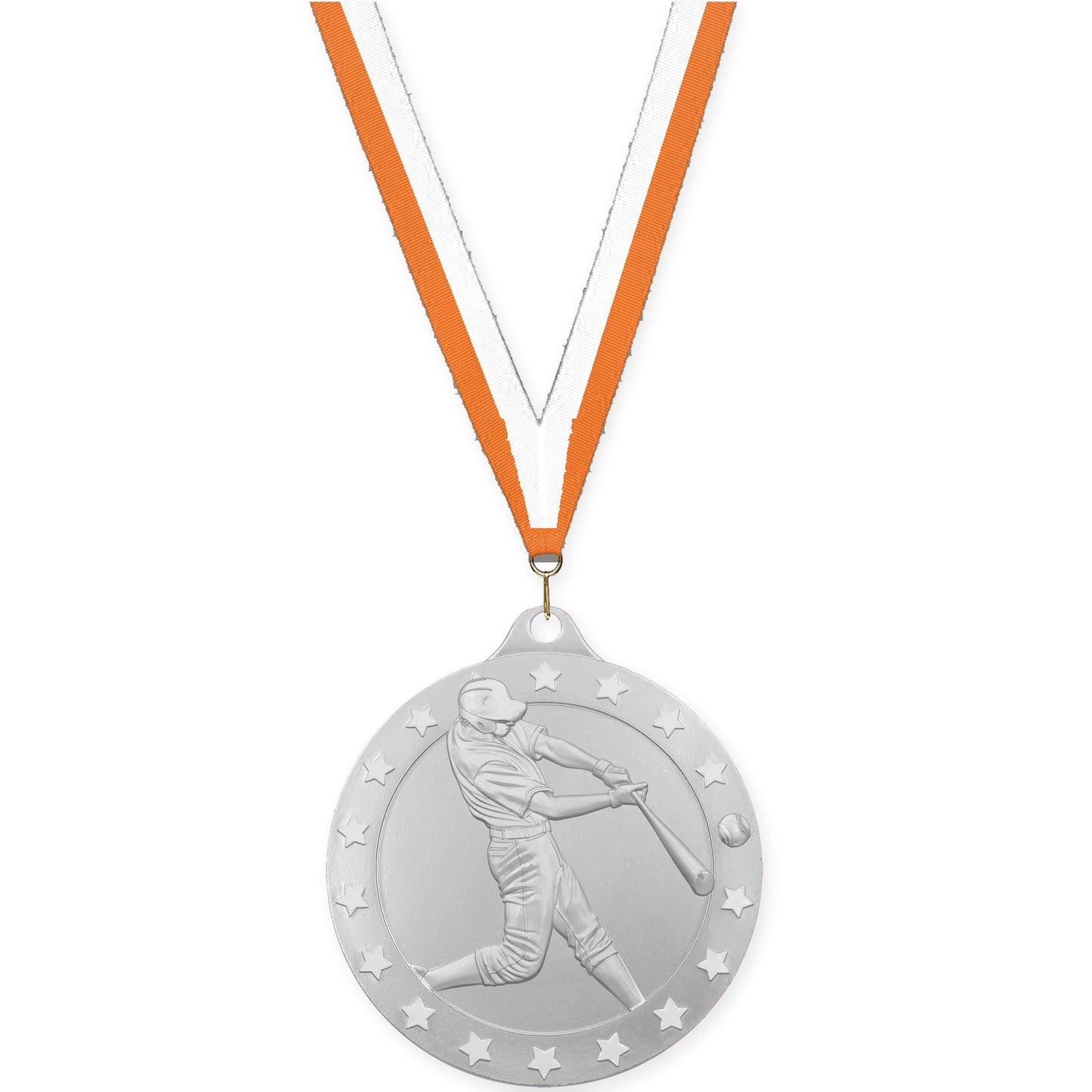 2 3/4 inch baseball Radiance medal in silver with Orange White neck ribbon