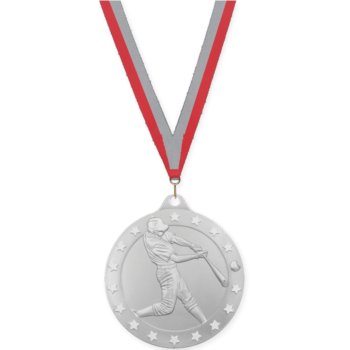 2 3/4 inch baseball Radiance medal in silver with Red Gray neck ribbon