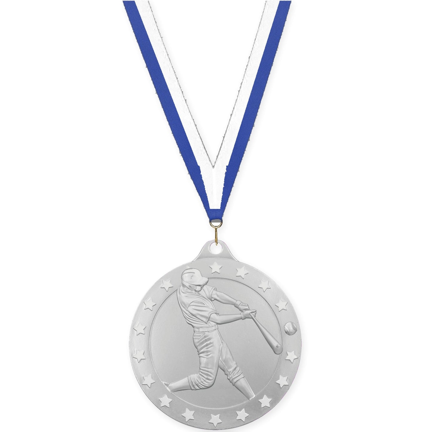 2 3/4 inch baseball Radiance medal in silver with Blue White neck ribbon