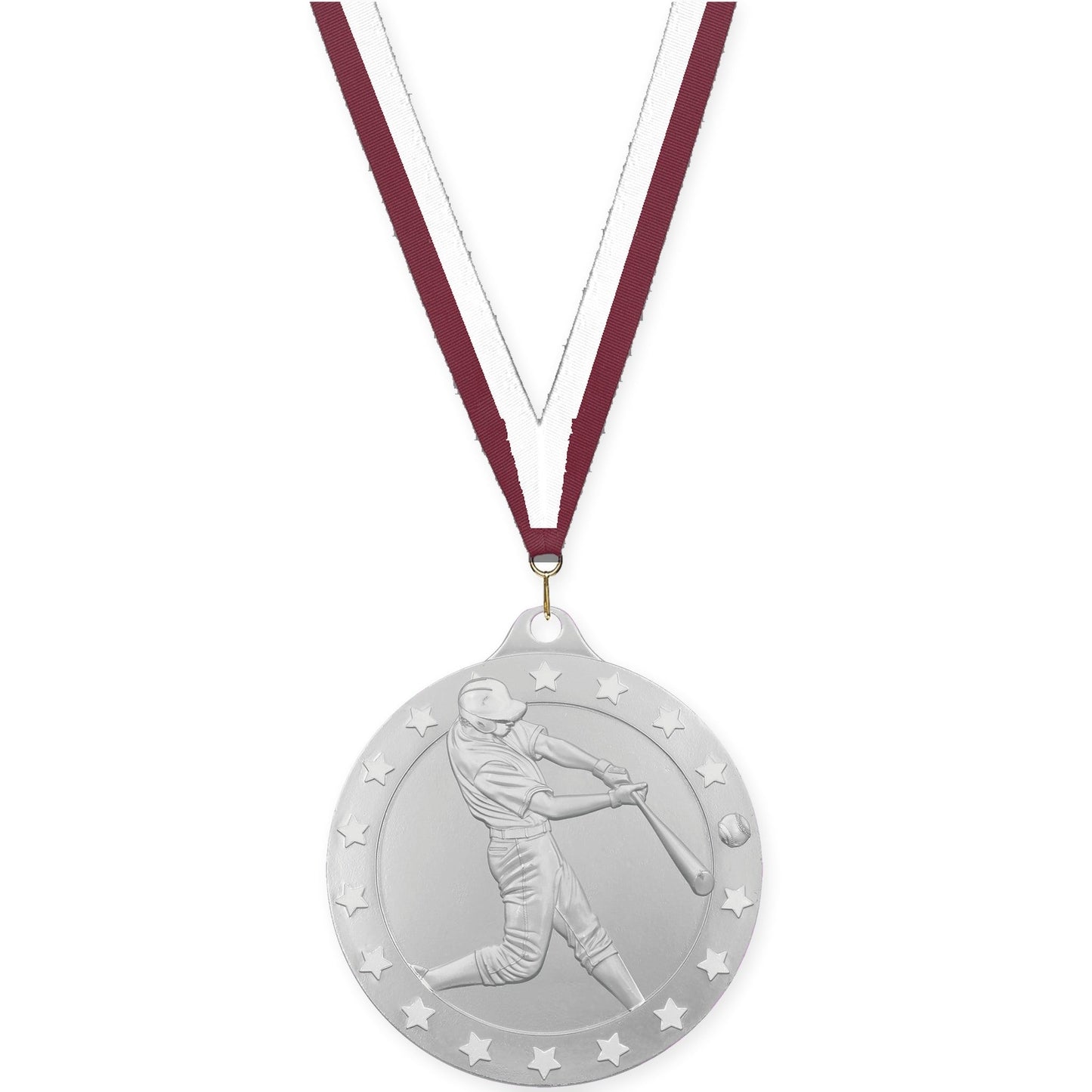 2 3/4 inch baseball Radiance medal in silver with Maroon White neck ribbon