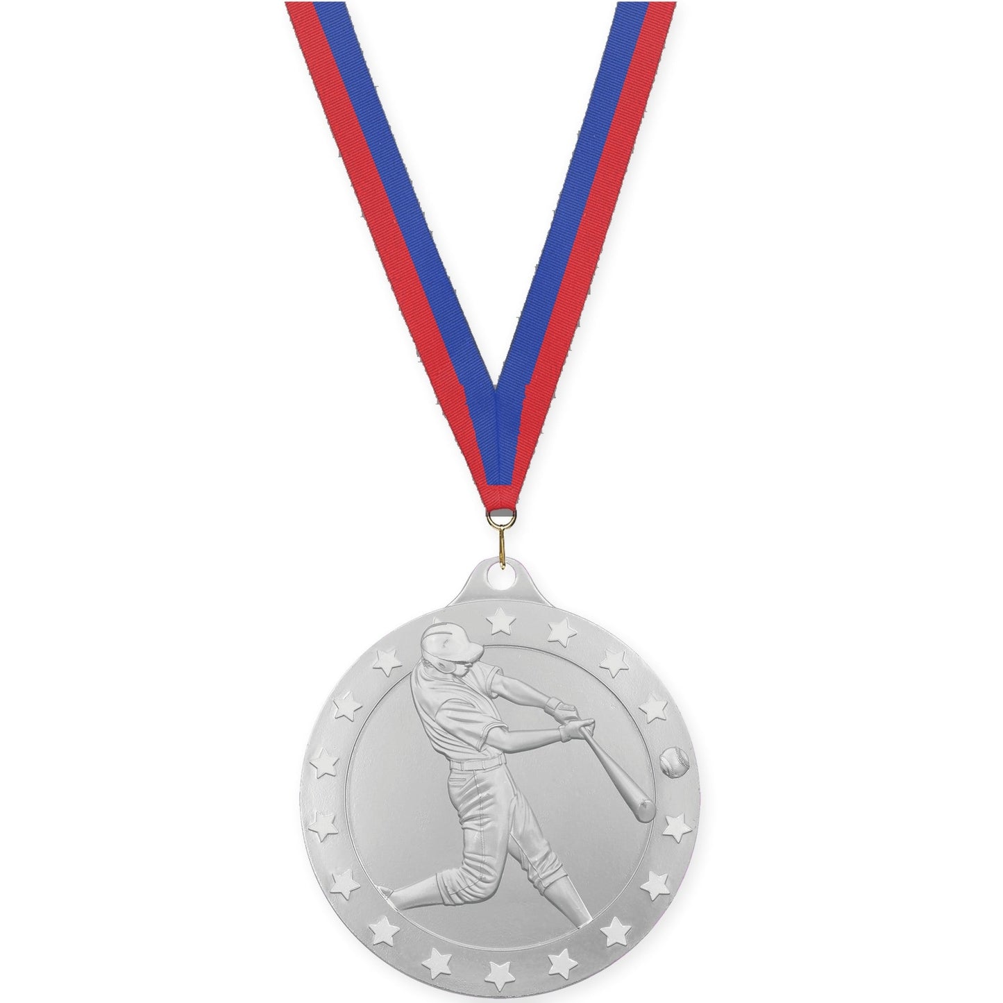 2 3/4 inch baseball Radiance medal in silver with Blue Red neck ribbon