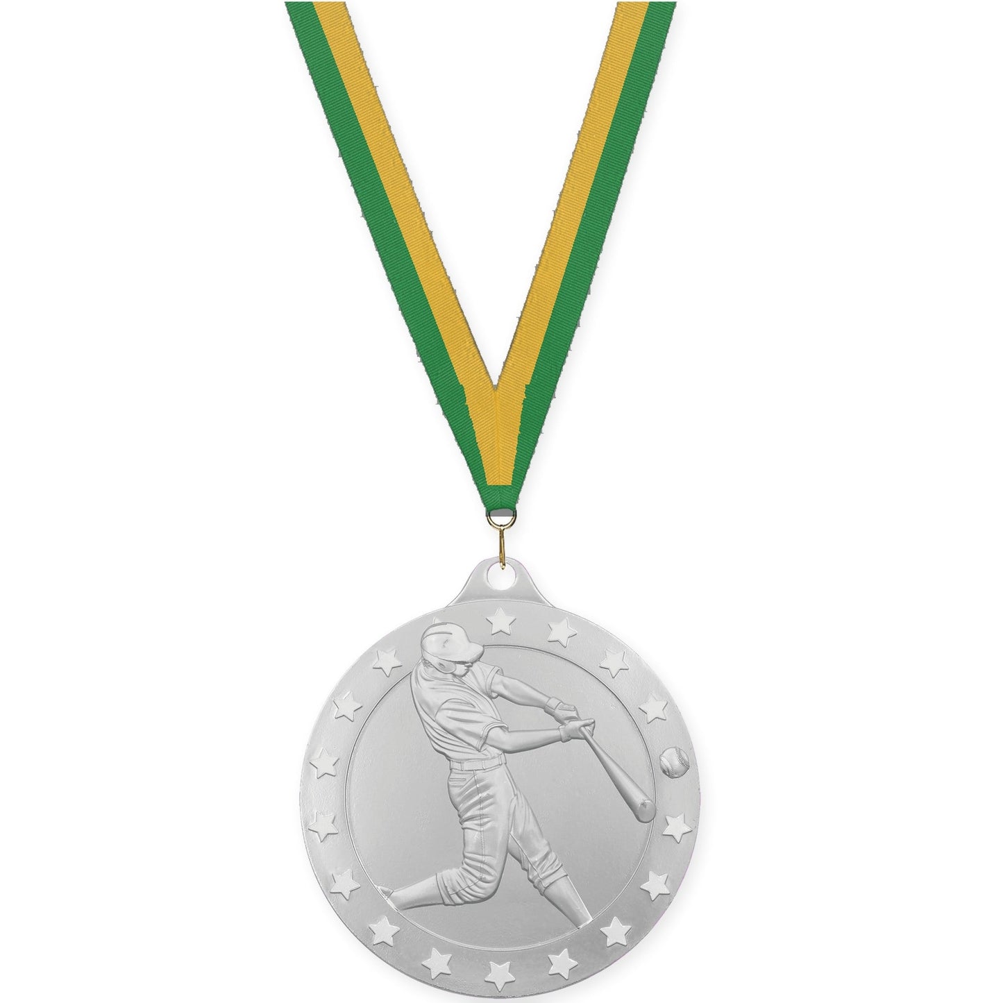 2 3/4 inch baseball Radiance medal in silver with Green Gold neck ribbon