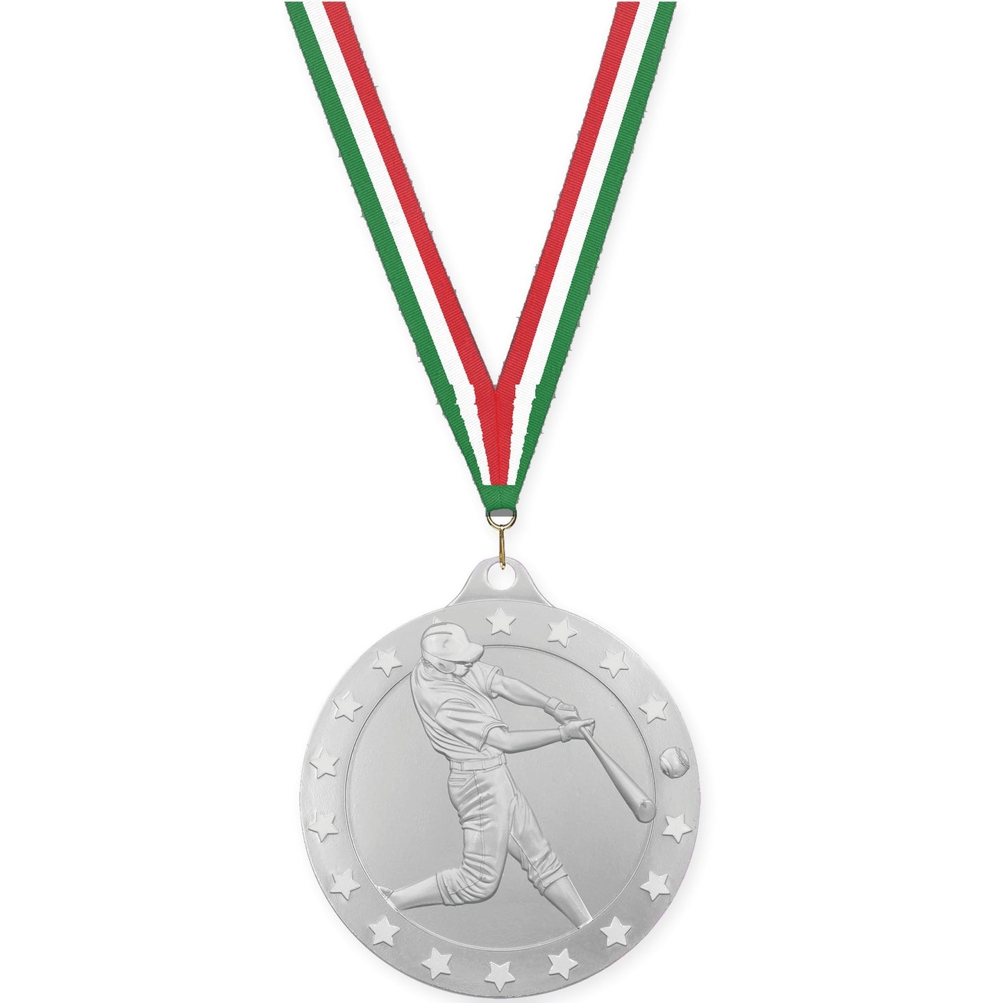 2 3/4 inch baseball Radiance medal in silver with Green White Red neck ribbon