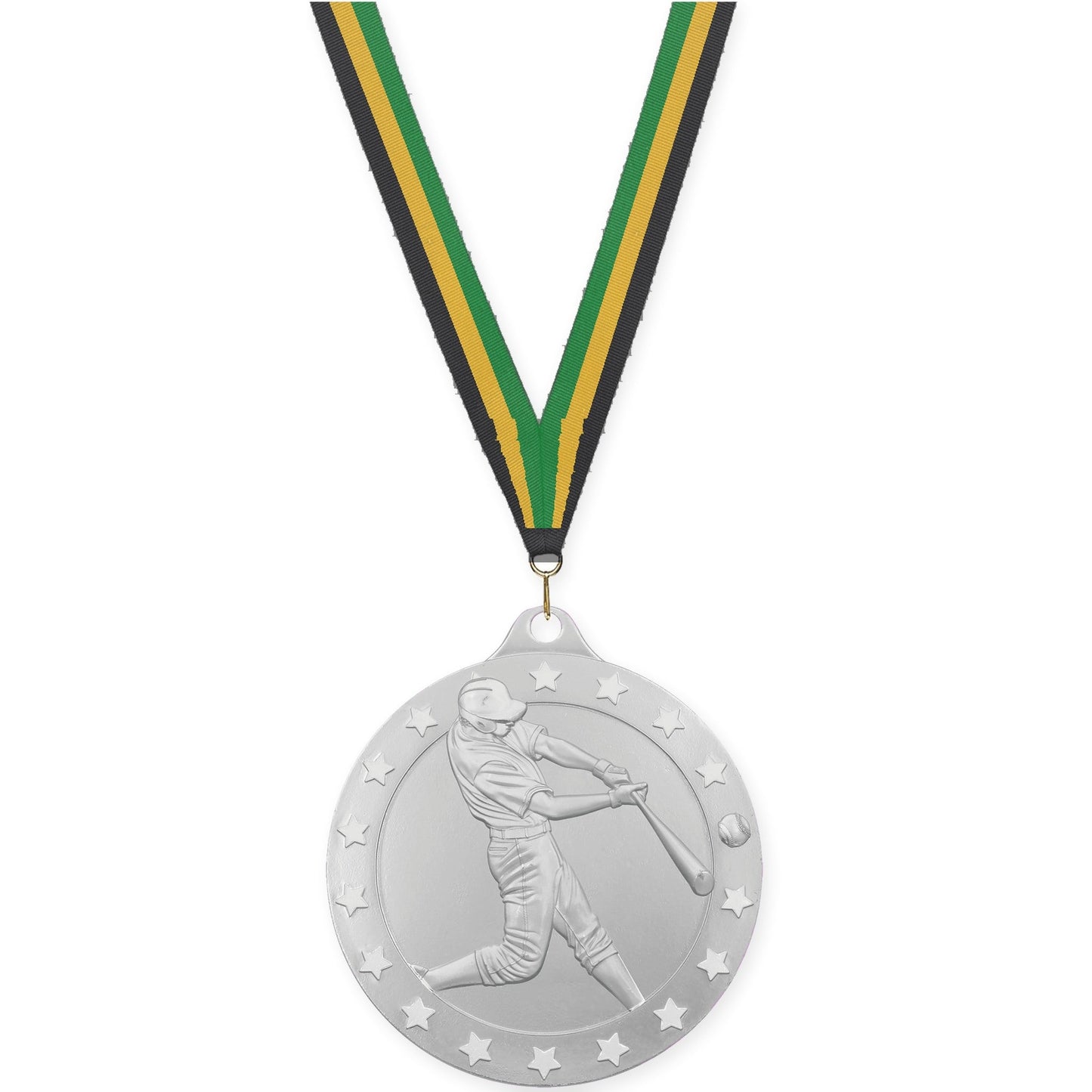 2 3/4 inch baseball Radiance medal in silver with Black Gold Green neck ribbon