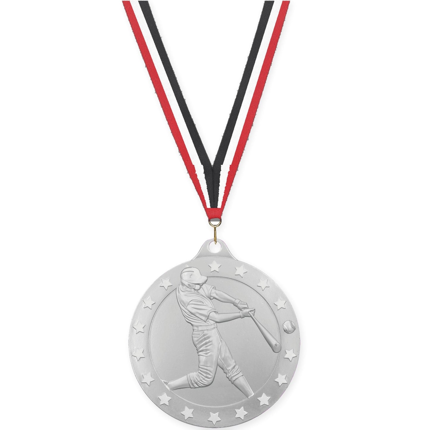 2 3/4 inch baseball Radiance medal in silver with Red White Black neck ribbon