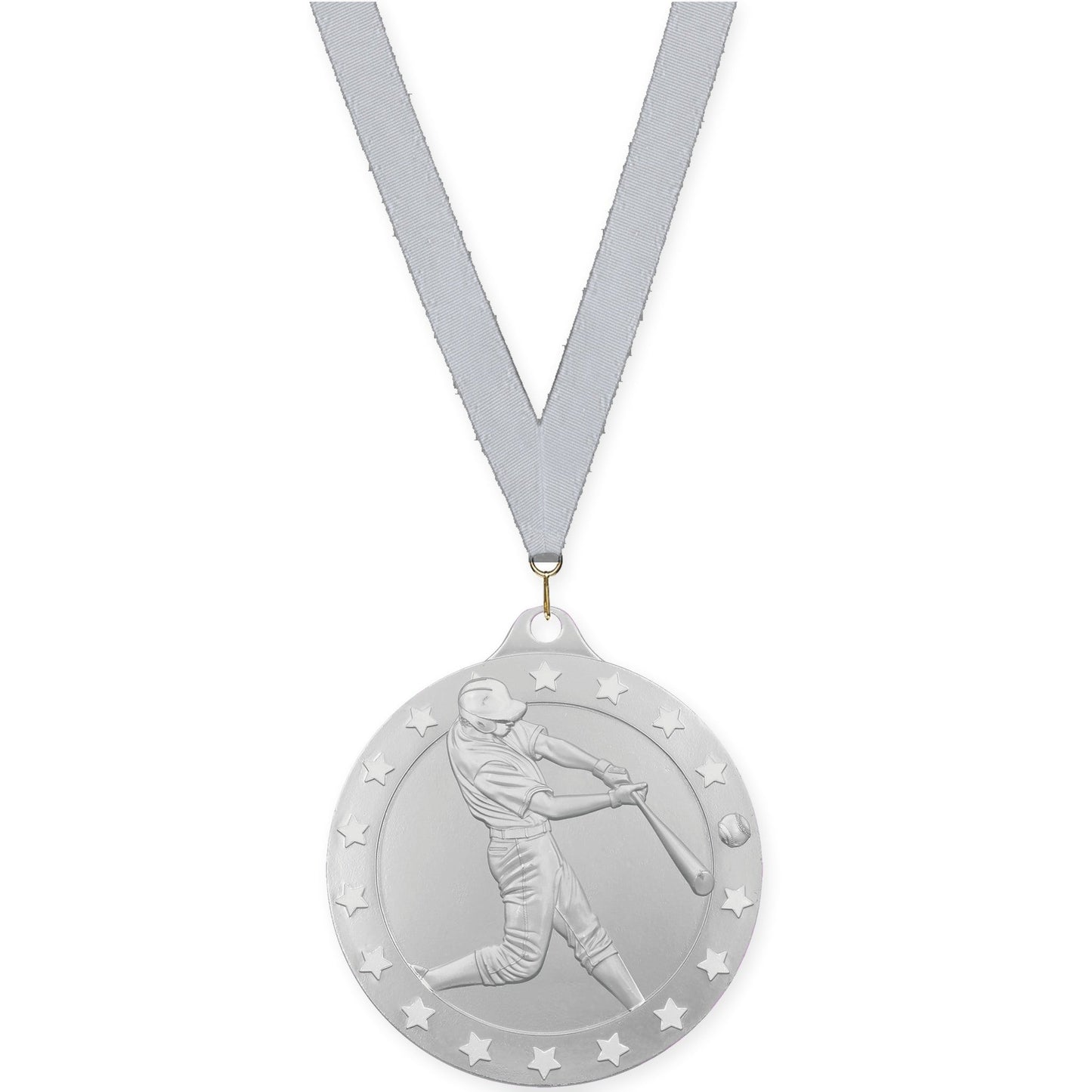 2 3/4 inch baseball Radiance medal in silver with Silver Metallic neck ribbon