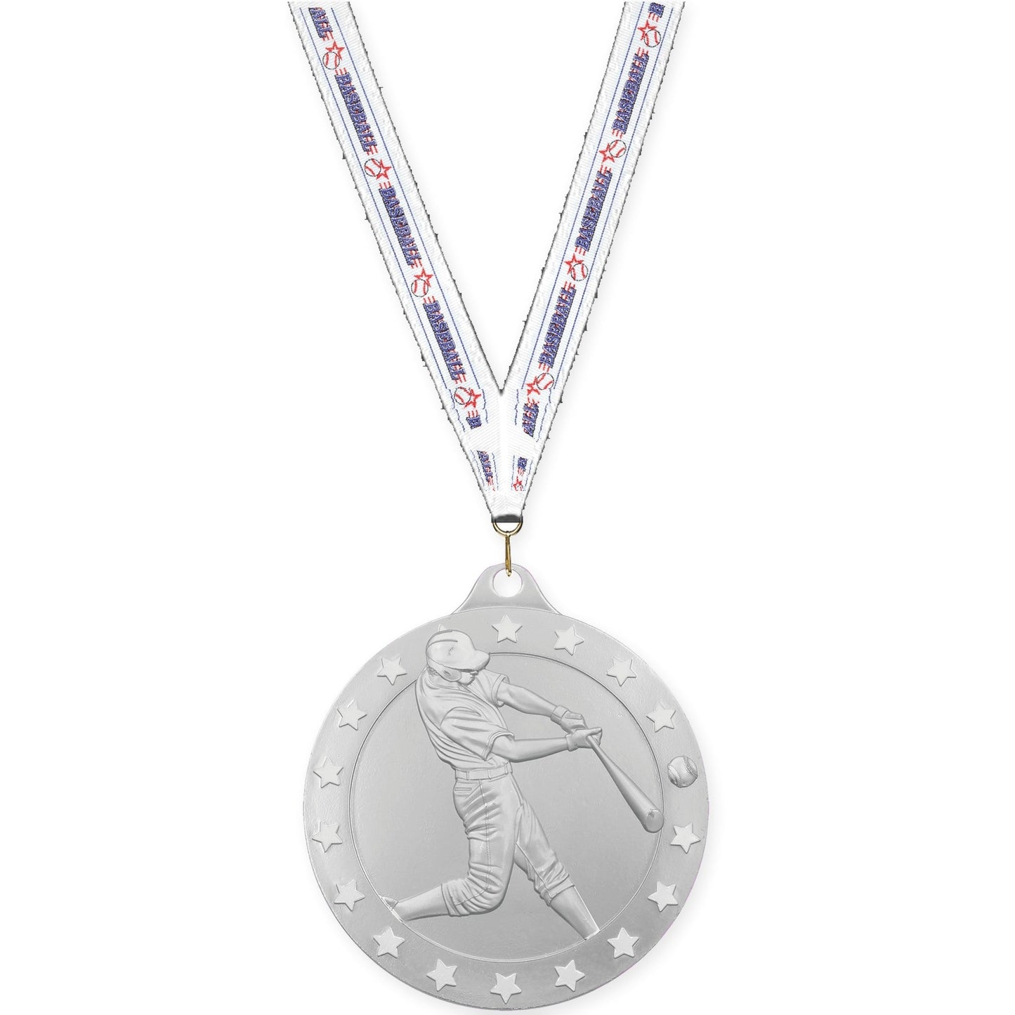 2 3/4 inch baseball Radiance medal in silver with Baseball neck ribbon