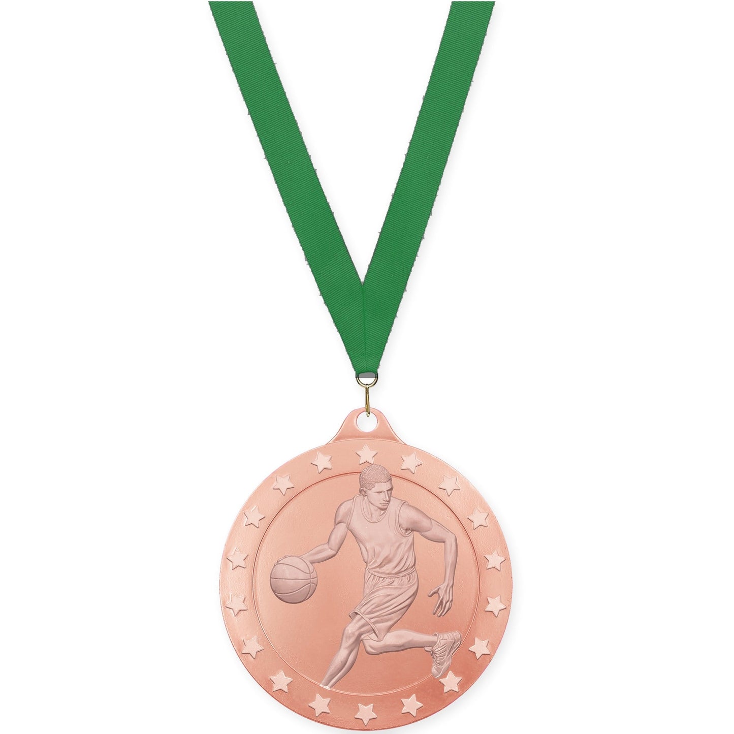 2 3/4 inch male basketball Radiance medal in bronze with Green neck ribbon
