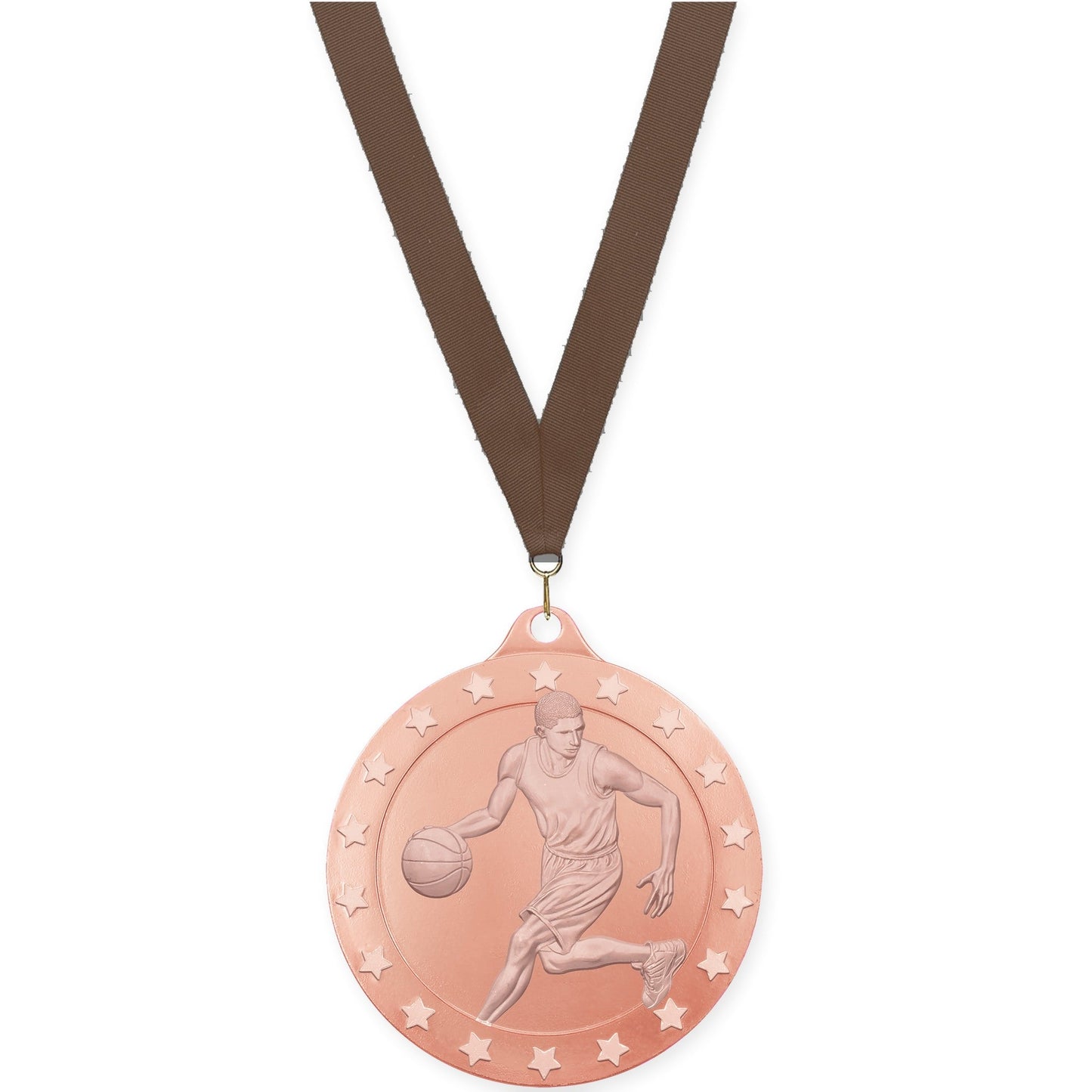 2 3/4 inch male basketball Radiance medal in bronze with Brown neck ribbon