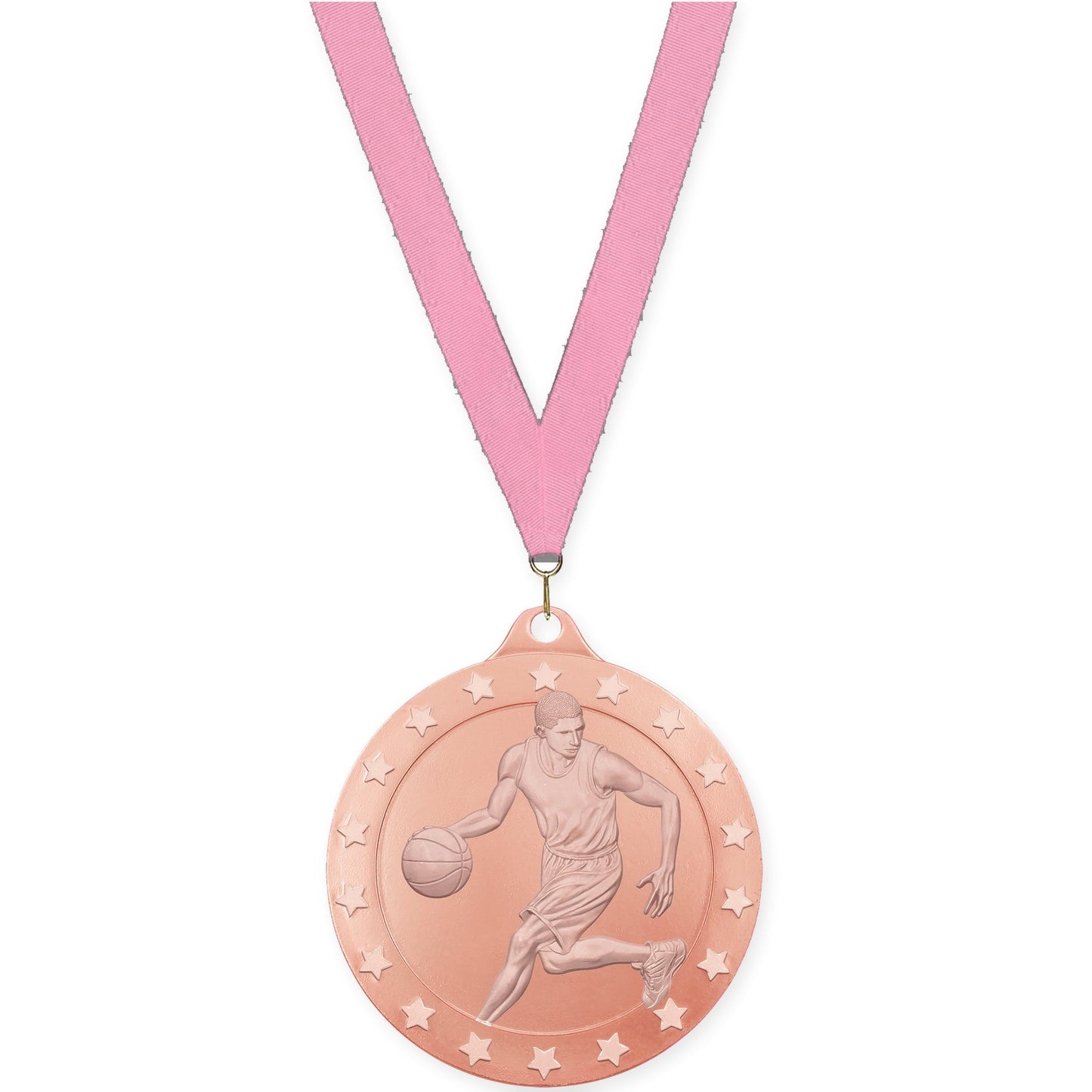 2 3/4 inch male basketball Radiance medal in bronze with Pink neck ribbon