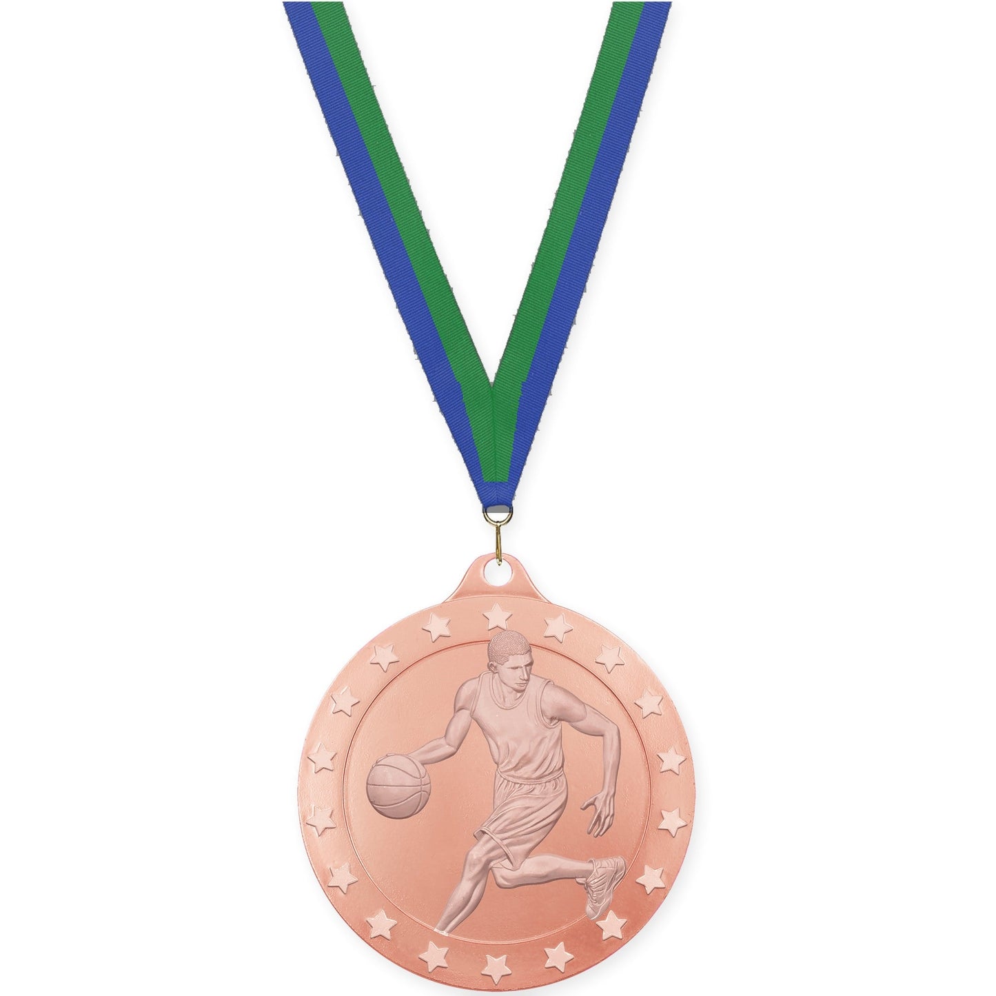 2 3/4 inch male basketball Radiance medal in bronze with Blue Green neck ribbon