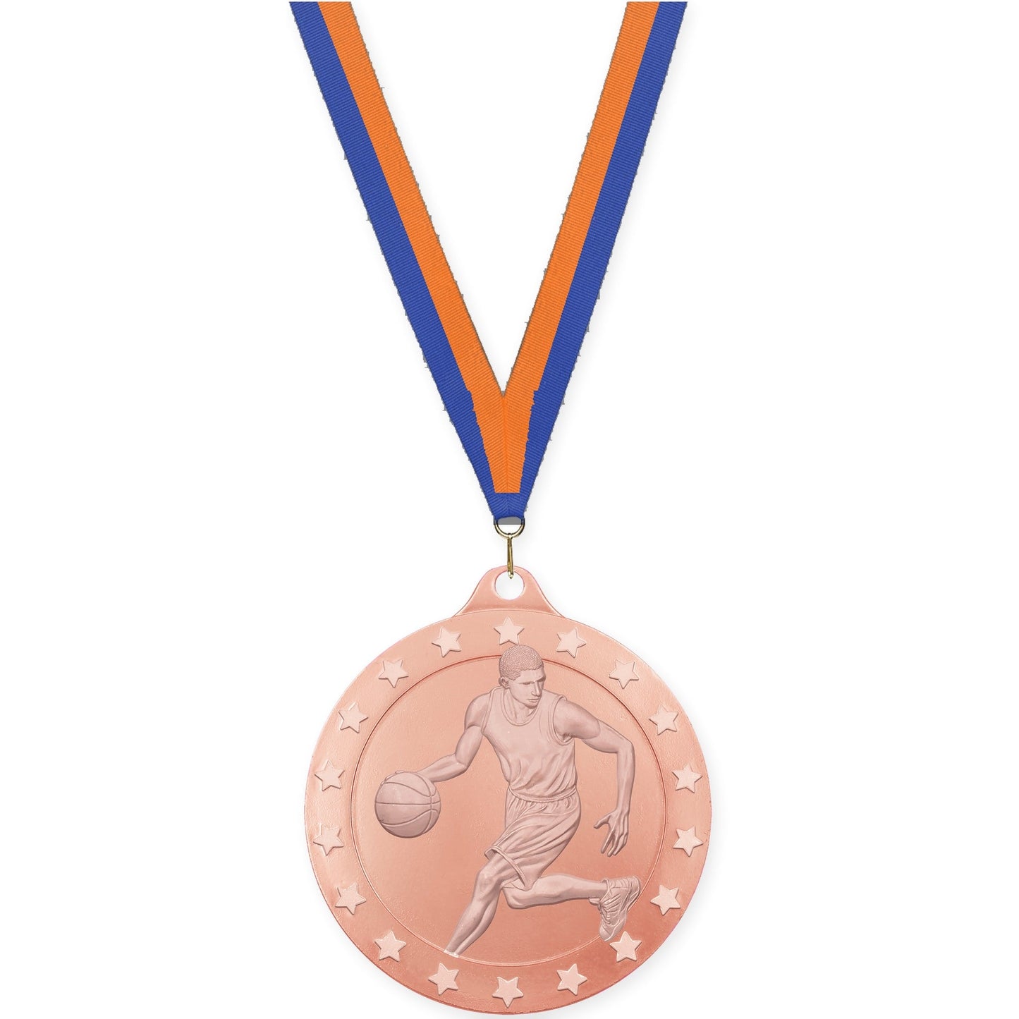 2 3/4 inch male basketball Radiance medal in bronze with Blue Orange neck ribbon