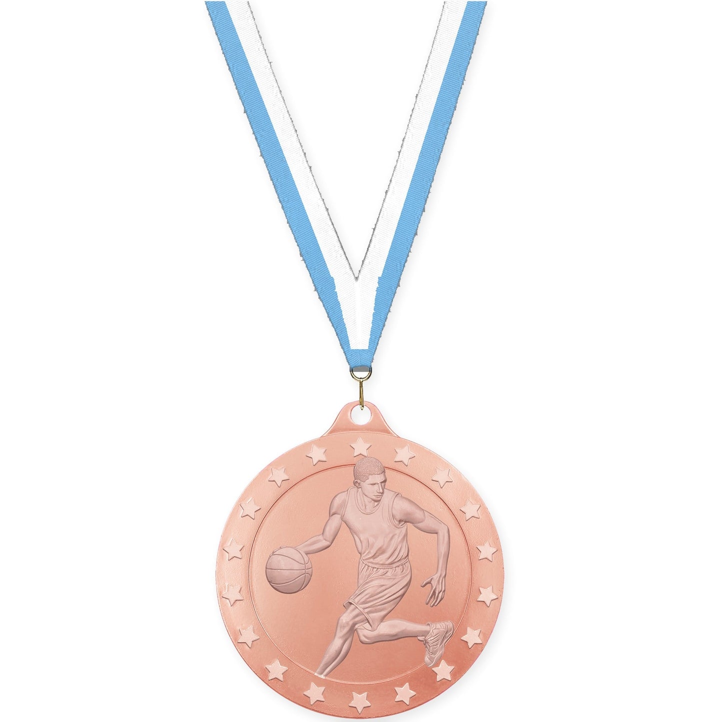 2 3/4 inch male basketball Radiance medal in bronze with Light Blue White neck ribbon