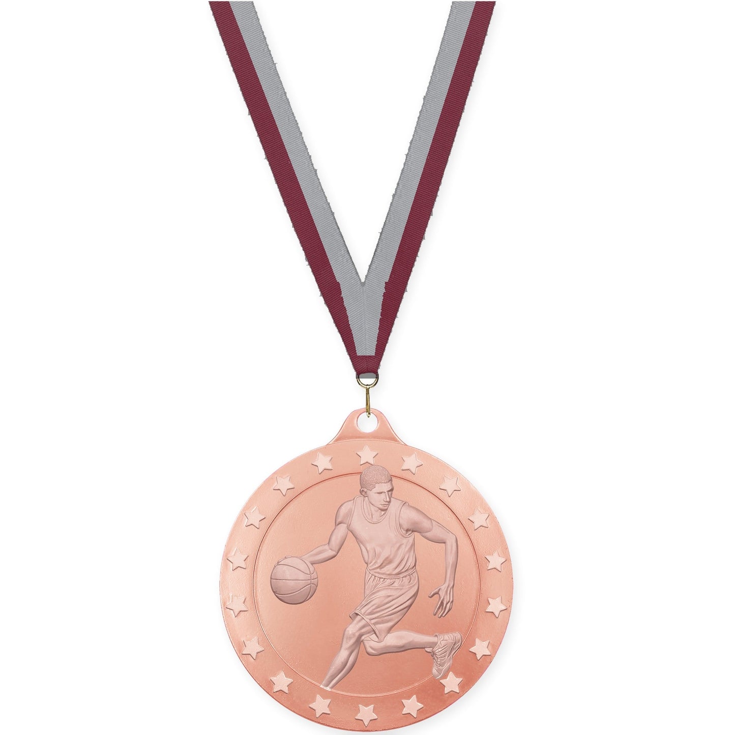 2 3/4 inch male basketball Radiance medal in bronze with Maroon Gray neck ribbon