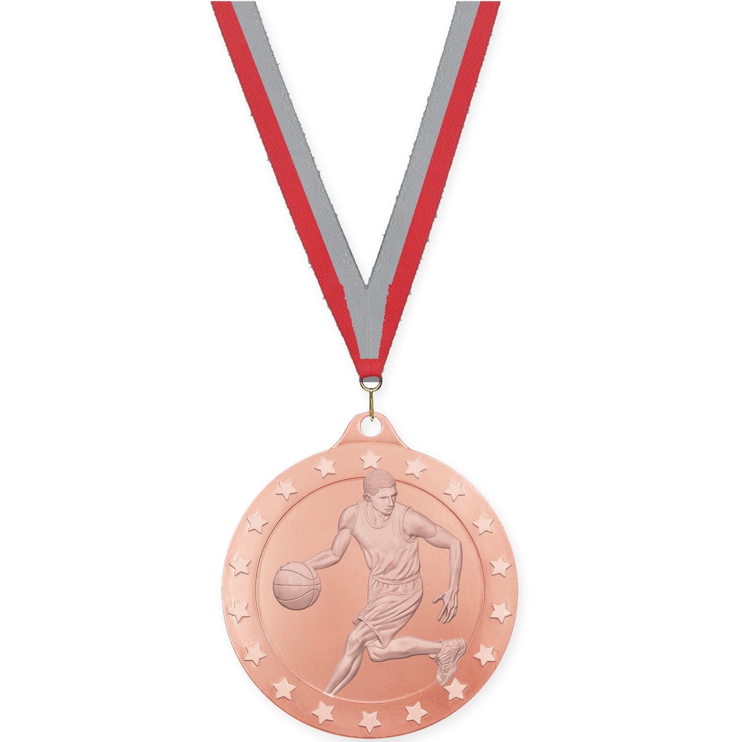 2 3/4 inch male basketball Radiance medal in bronze with Red Gray neck ribbon