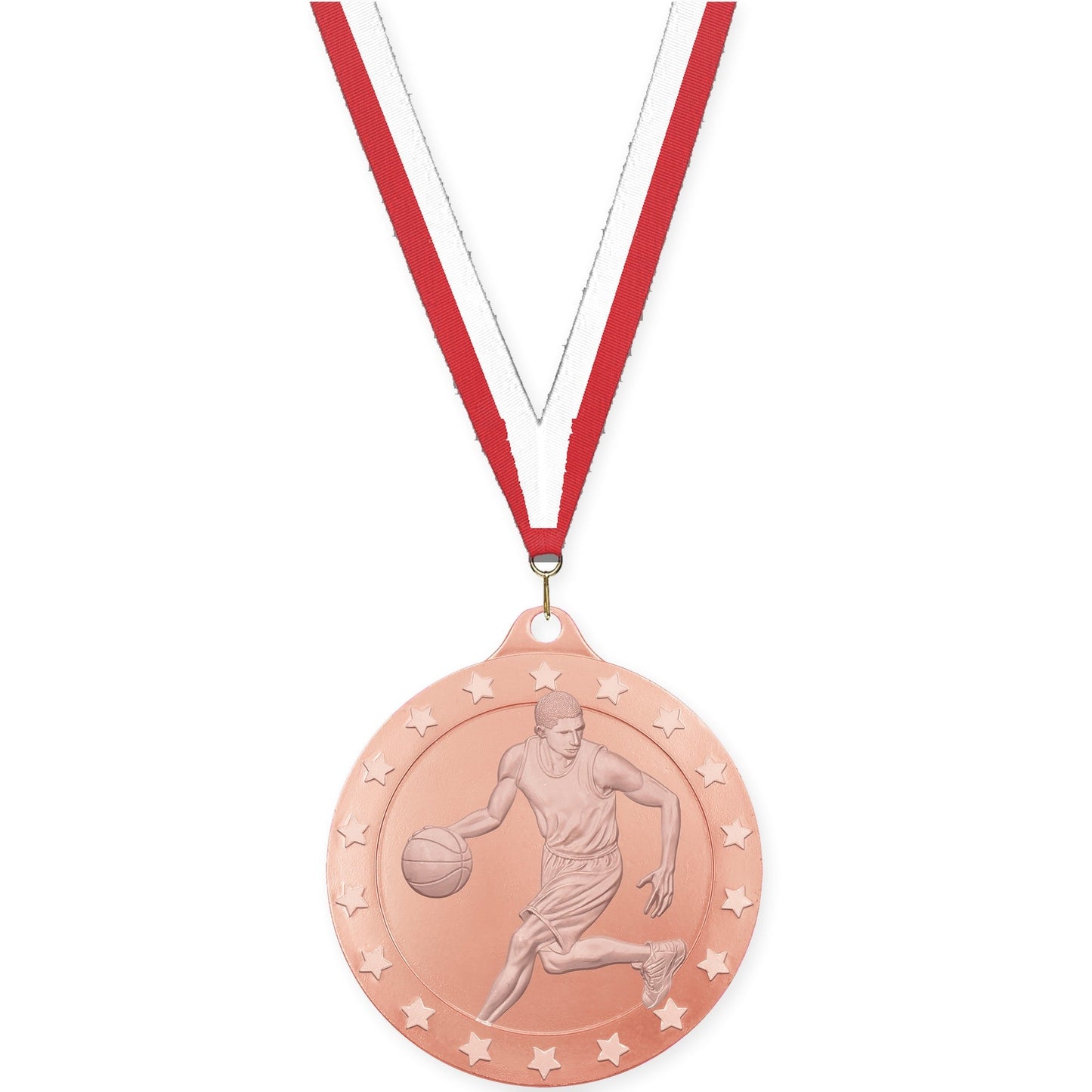 2 3/4 inch male basketball Radiance medal in bronze with Red White neck ribbon