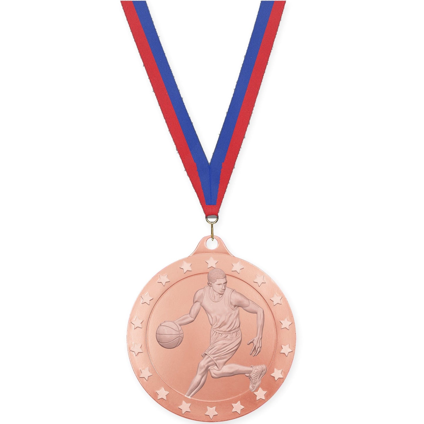2 3/4 inch male basketball Radiance medal in bronze with Blue Red neck ribbon
