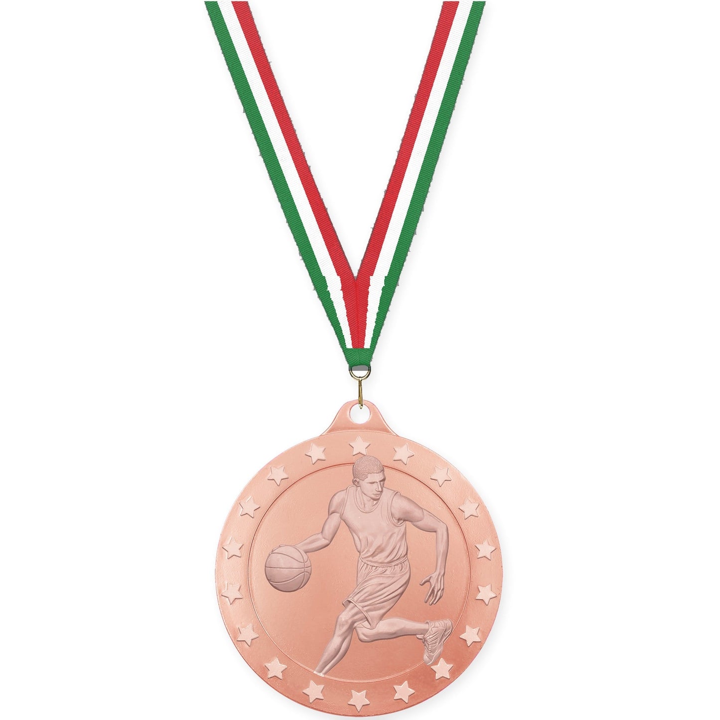 2 3/4 inch male basketball Radiance medal in bronze with Green White Red neck ribbon