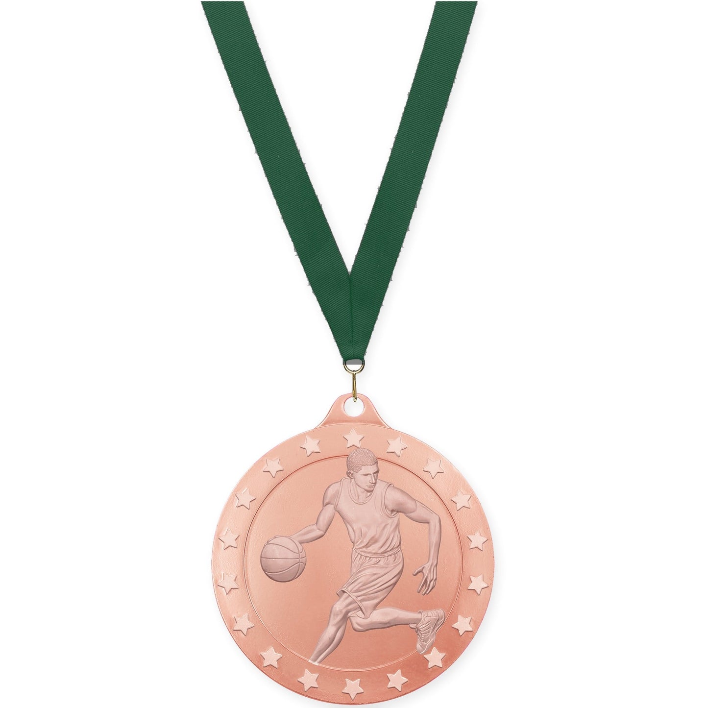 2 3/4 inch male basketball Radiance medal in bronze with Hunter Green neck ribbon