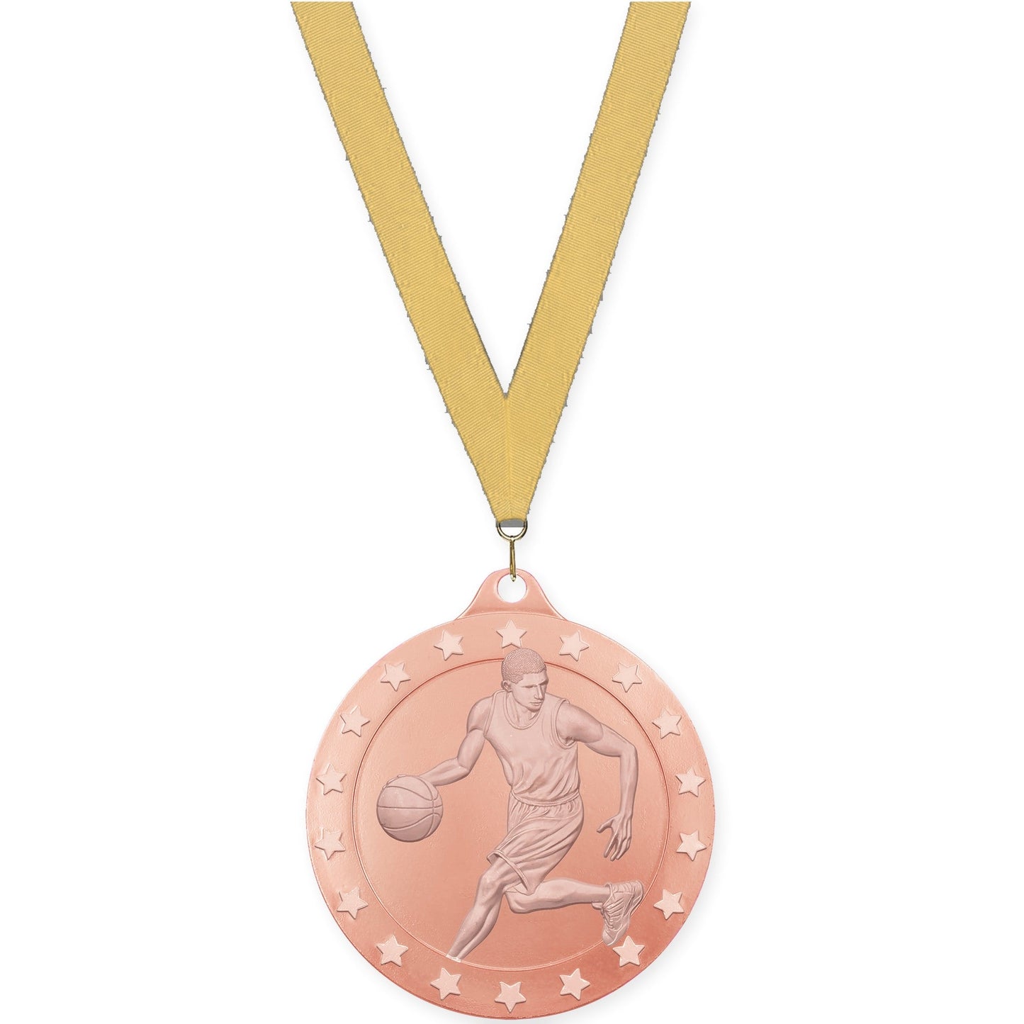 2 3/4 inch male basketball Radiance medal in bronze with Gold Metallic neck ribbon