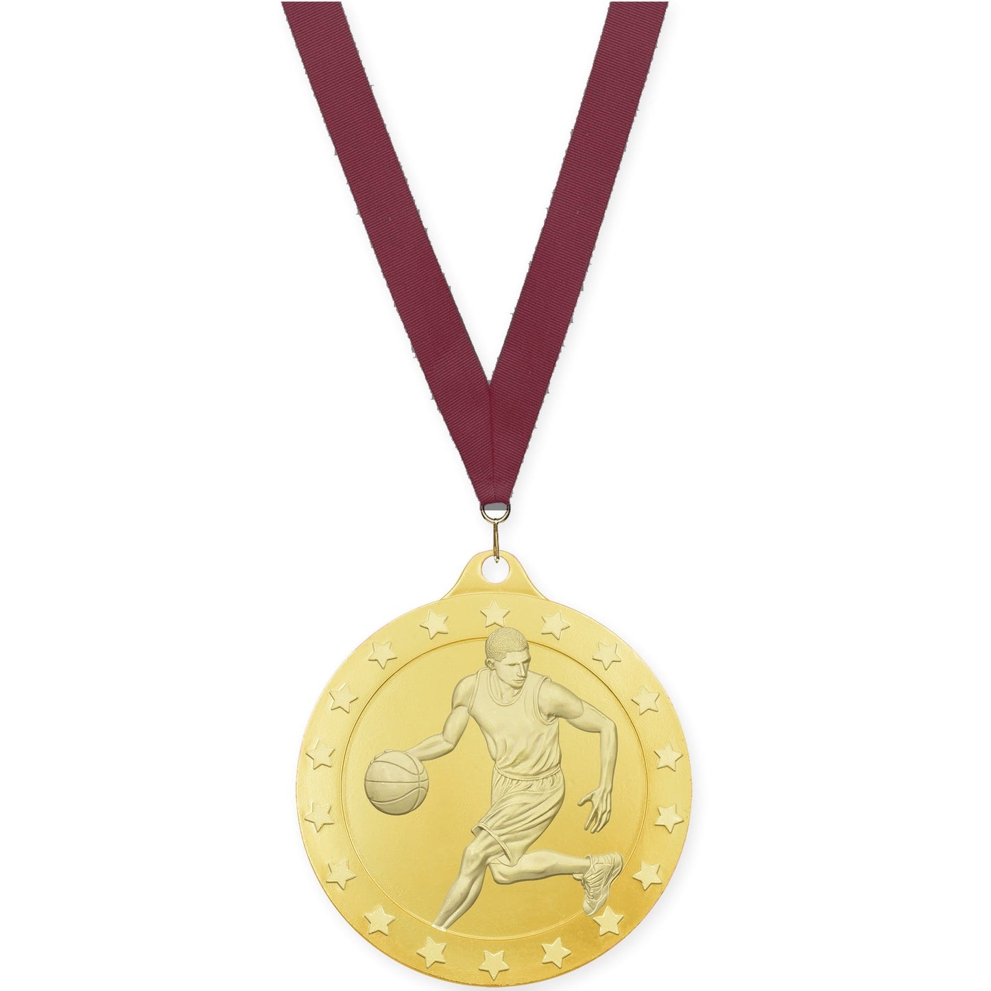 2 3/4 inch male basketball Radiance medal in gold with Maroon neck ribbon