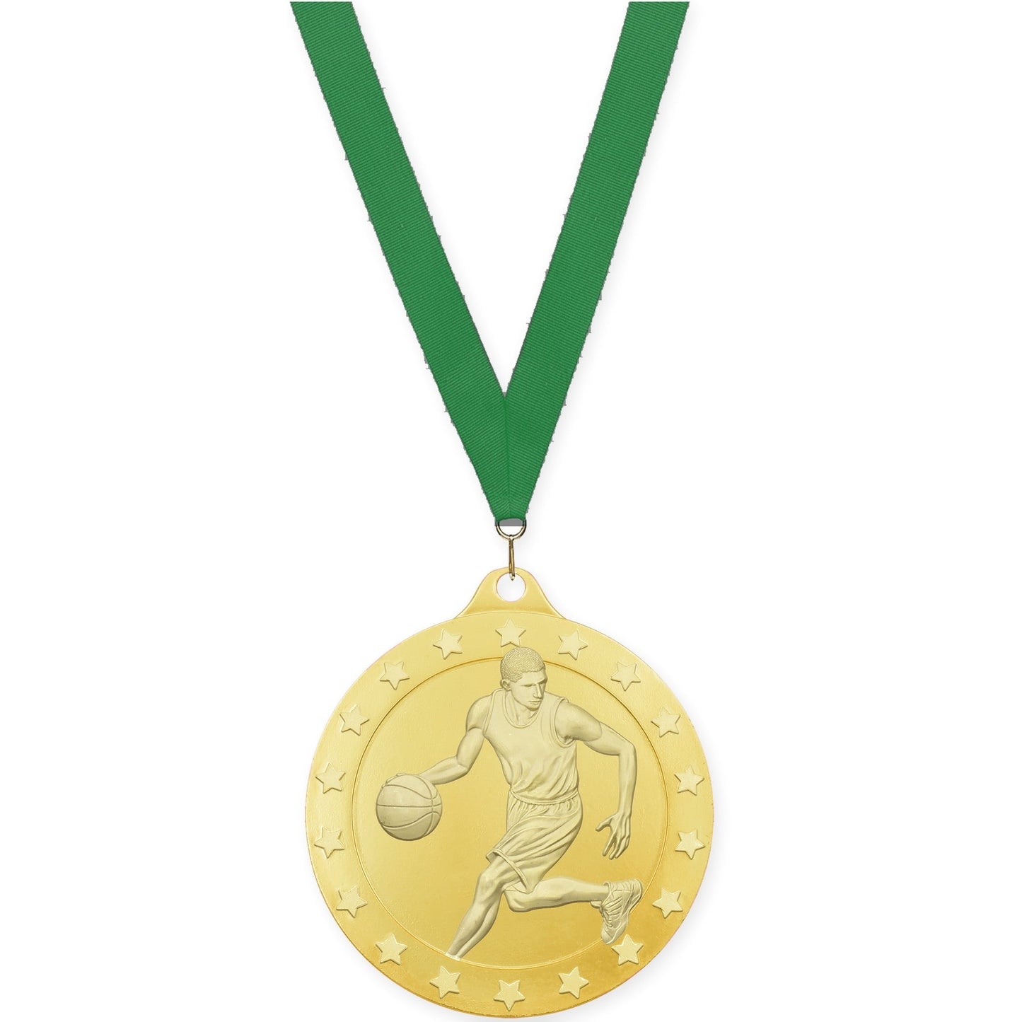 2 3/4 inch male basketball Radiance medal in gold with Green neck ribbon