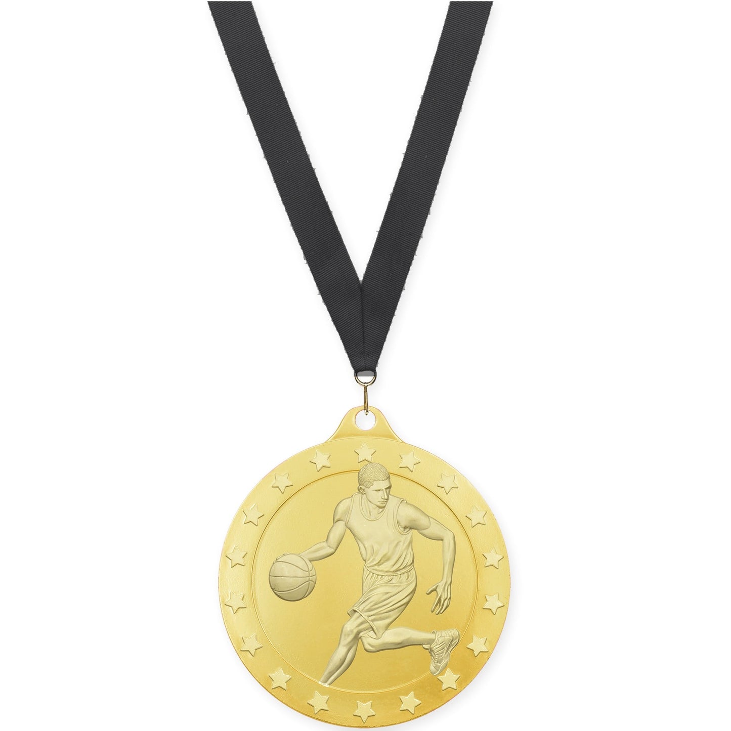 2 3/4 inch male basketball Radiance medal in gold with Black neck ribbon