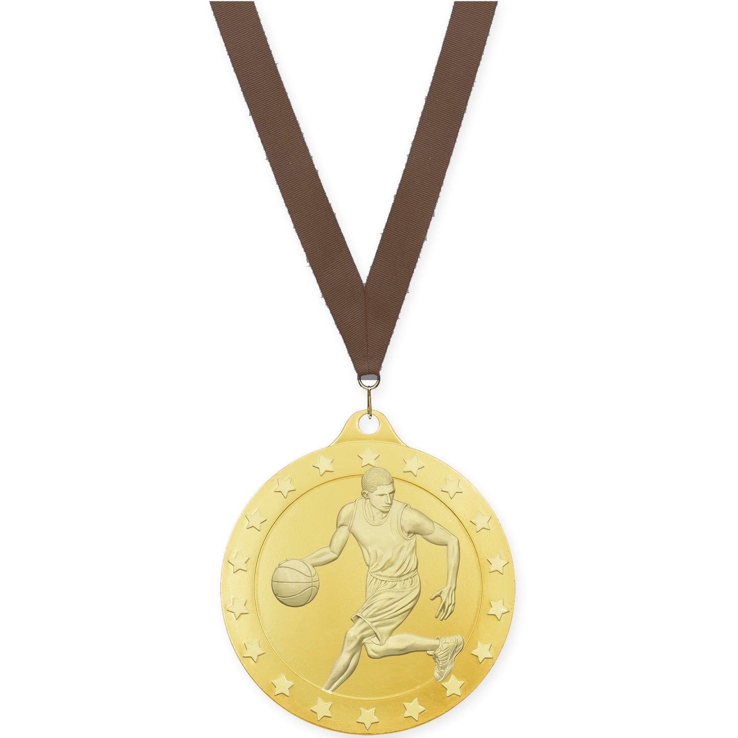 2 3/4 inch male basketball Radiance medal in gold with Brown neck ribbon