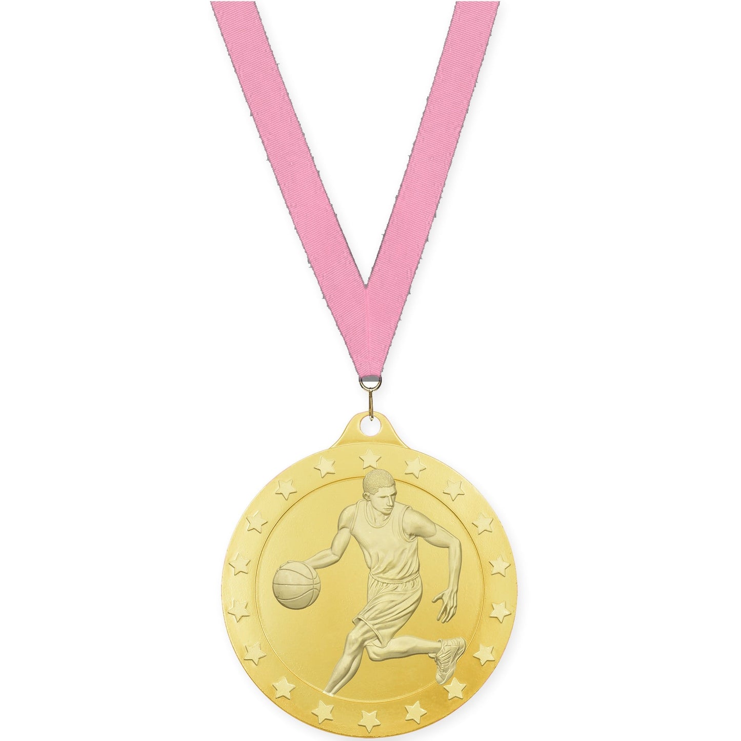 2 3/4 inch male basketball Radiance medal in gold with Pink neck ribbon