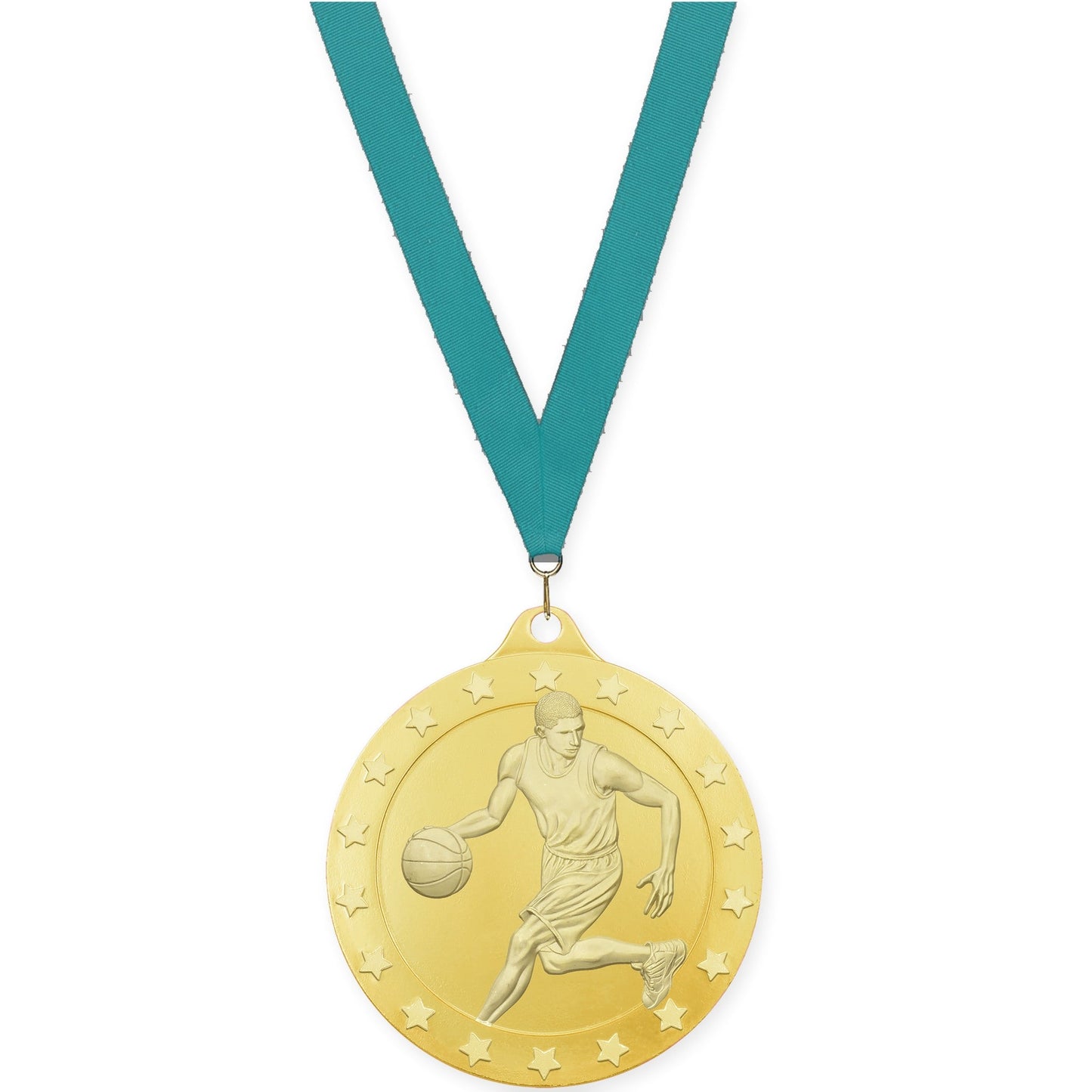 2 3/4 inch male basketball Radiance medal in gold with Teal neck ribbon