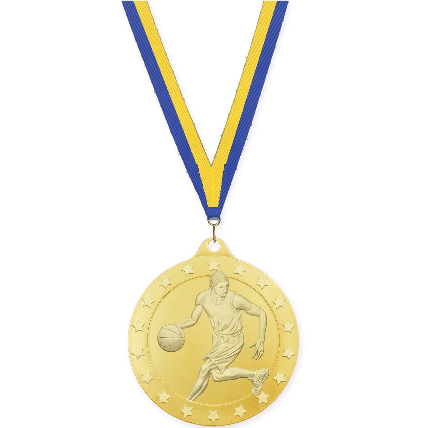 2 3/4 inch male basketball Radiance medal in gold with Blue Yellow neck ribbon