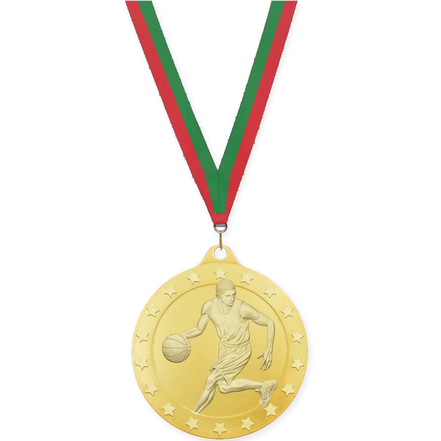 2 3/4 inch male basketball Radiance medal in gold with Red Green neck ribbon