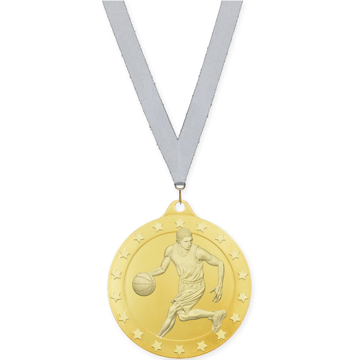 2 3/4 inch male basketball Radiance medal in gold with Silver Metallic neck ribbon