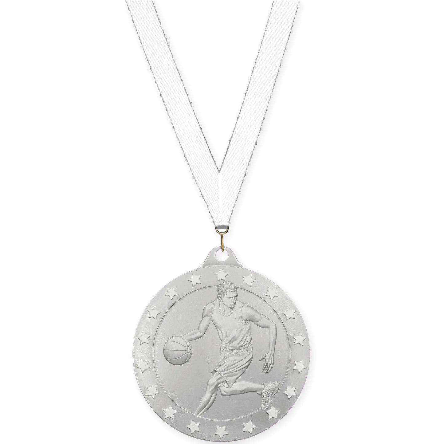 2 3/4 inch male basketball Radiance medal in silver with White neck ribbon