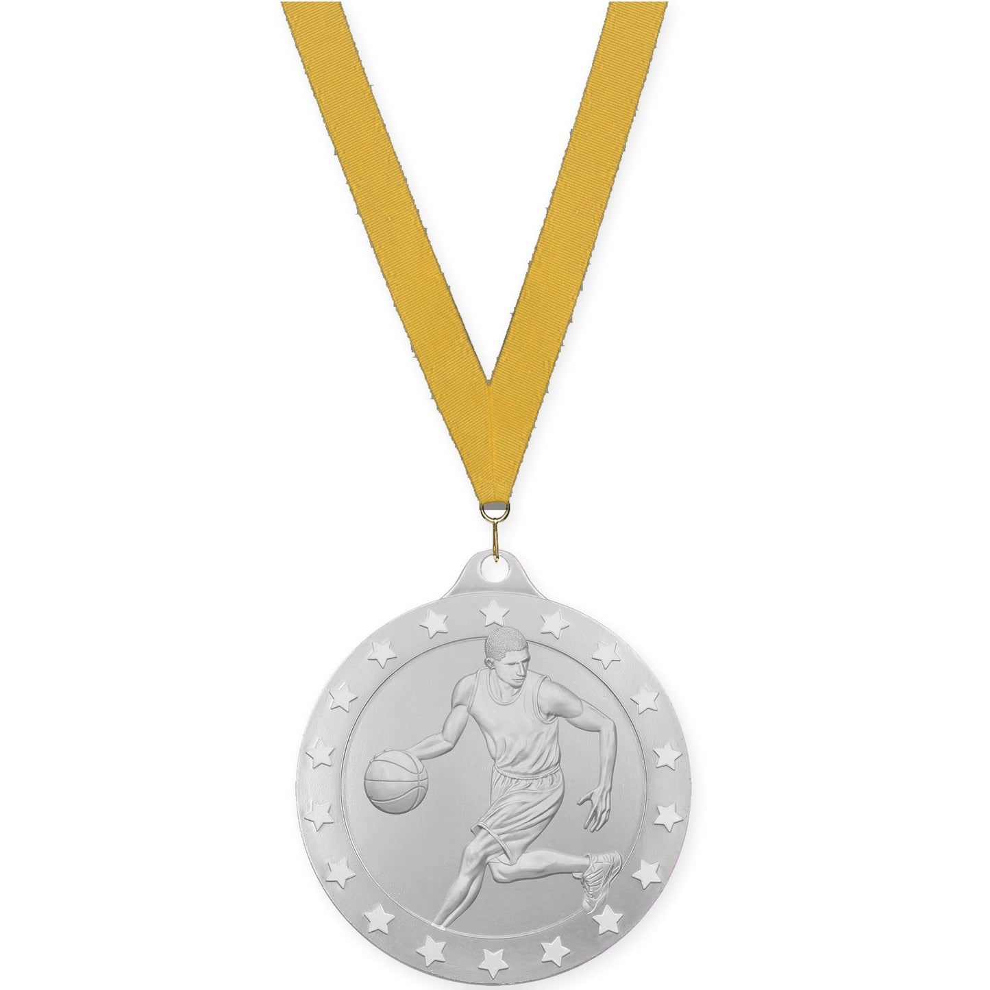 2 3/4 inch male basketball Radiance medal in silver with Gold neck ribbon