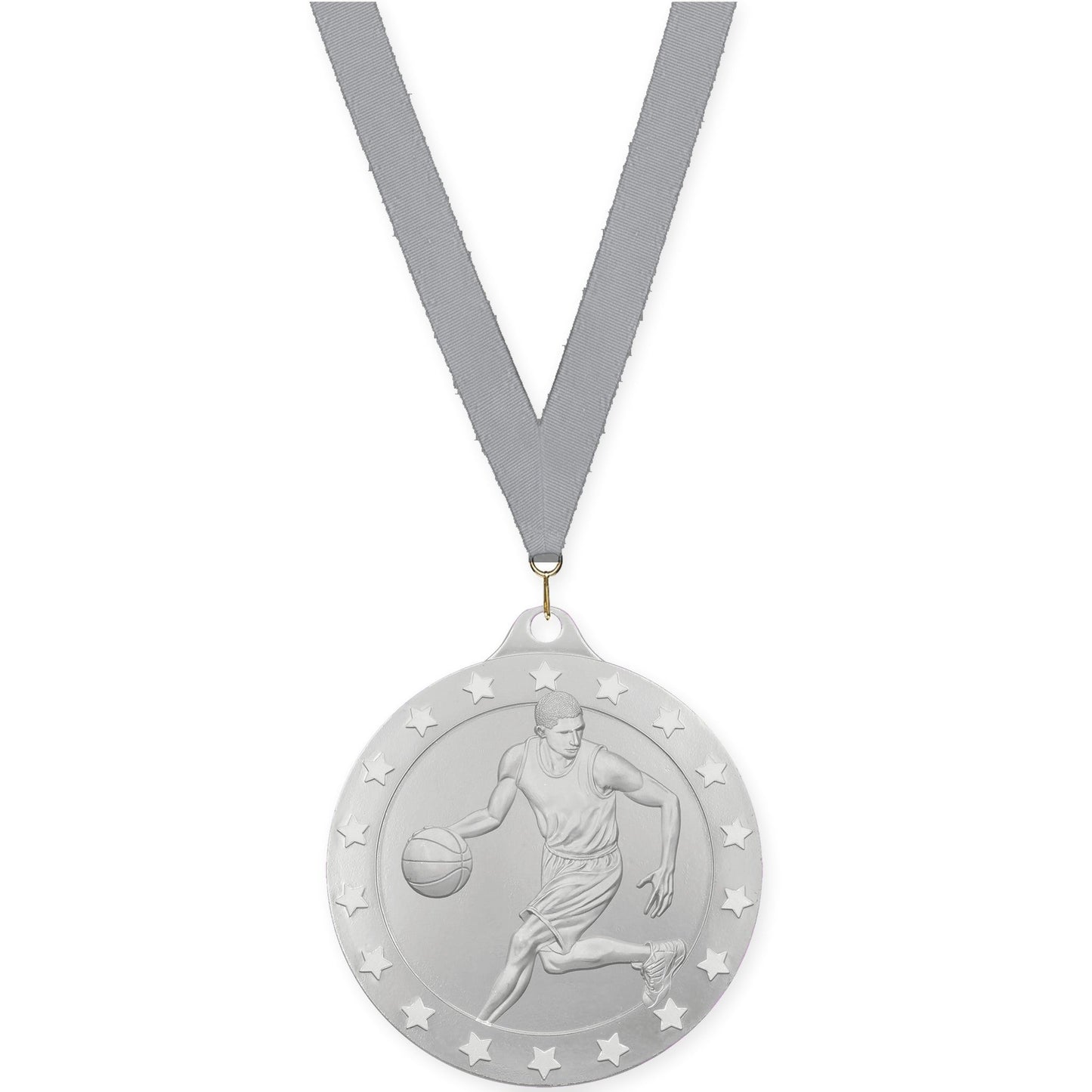 2 3/4 inch male basketball Radiance medal in silver with Gray neck ribbon