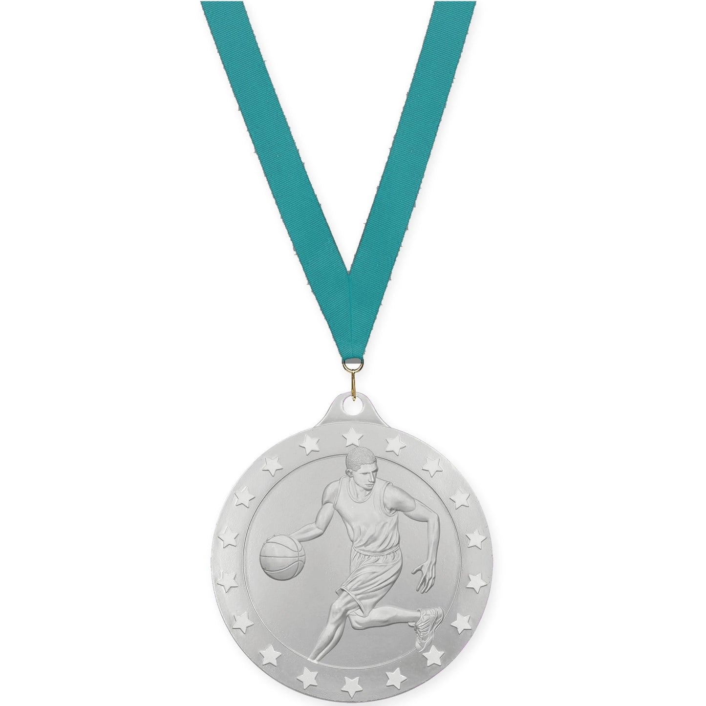 2 3/4 inch male basketball Radiance medal in silver with Teal neck ribbon